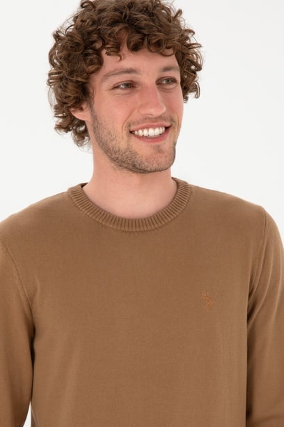 Erkek Slim Fit Bisiklet Yaka Camel Basic Kazak