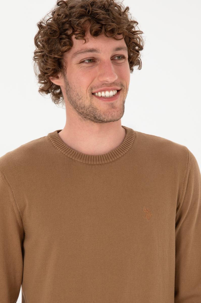 Erkek Slim Fit Bisiklet Yaka Camel Basic Kazak