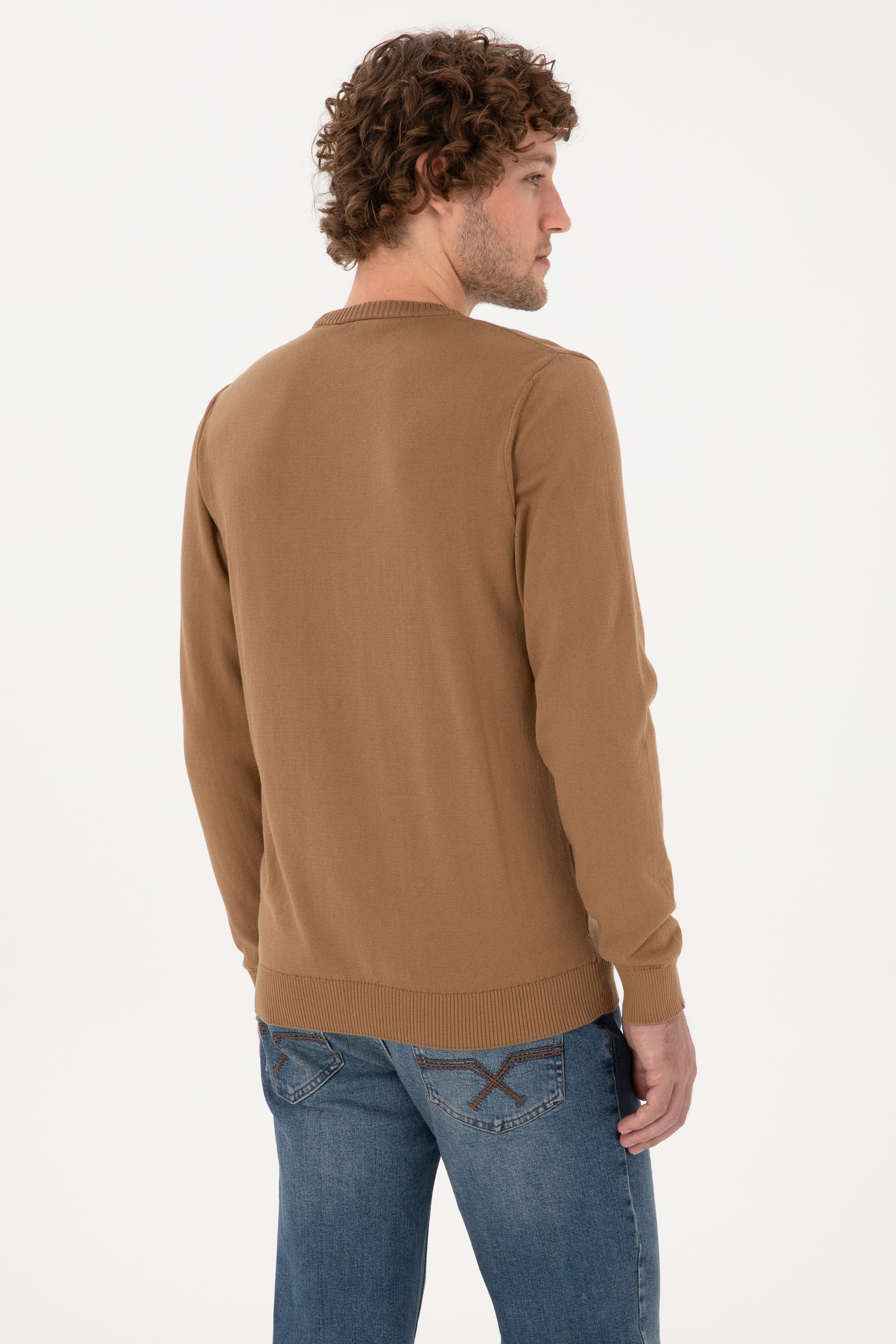 Erkek Slim Fit Bisiklet Yaka Camel Basic Kazak - Image 5