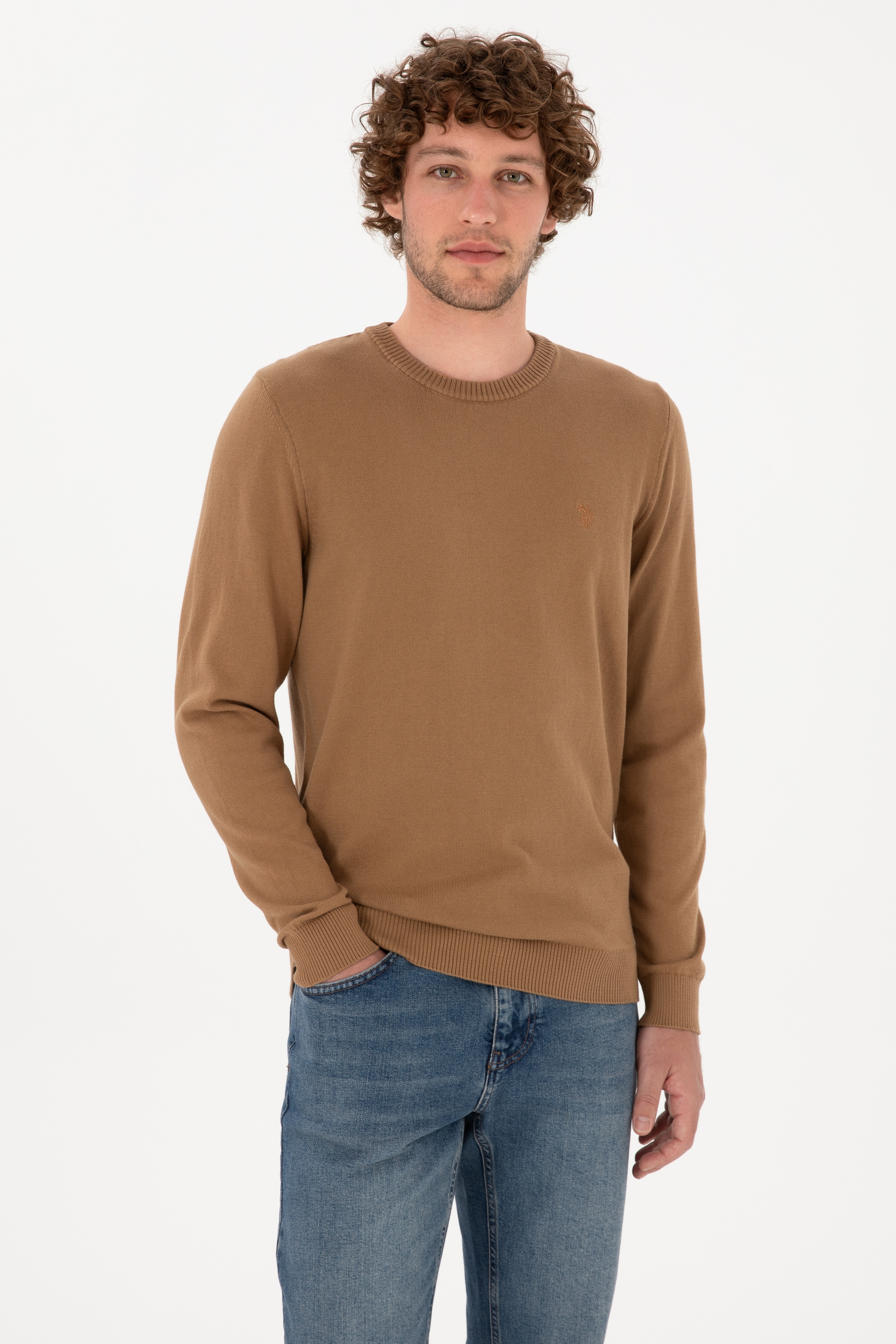 Erkek Slim Fit Bisiklet Yaka Camel Basic Kazak - Image 1