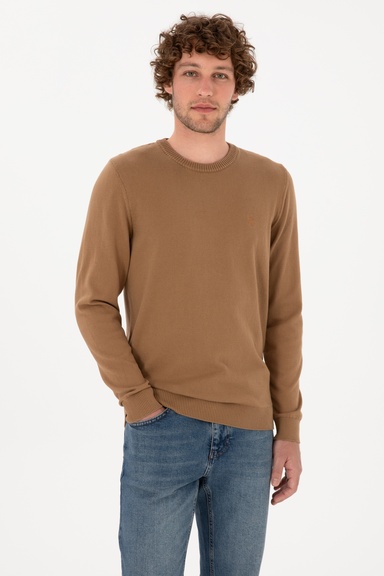 Erkek Slim Fit Bisiklet Yaka Camel Basic Kazak