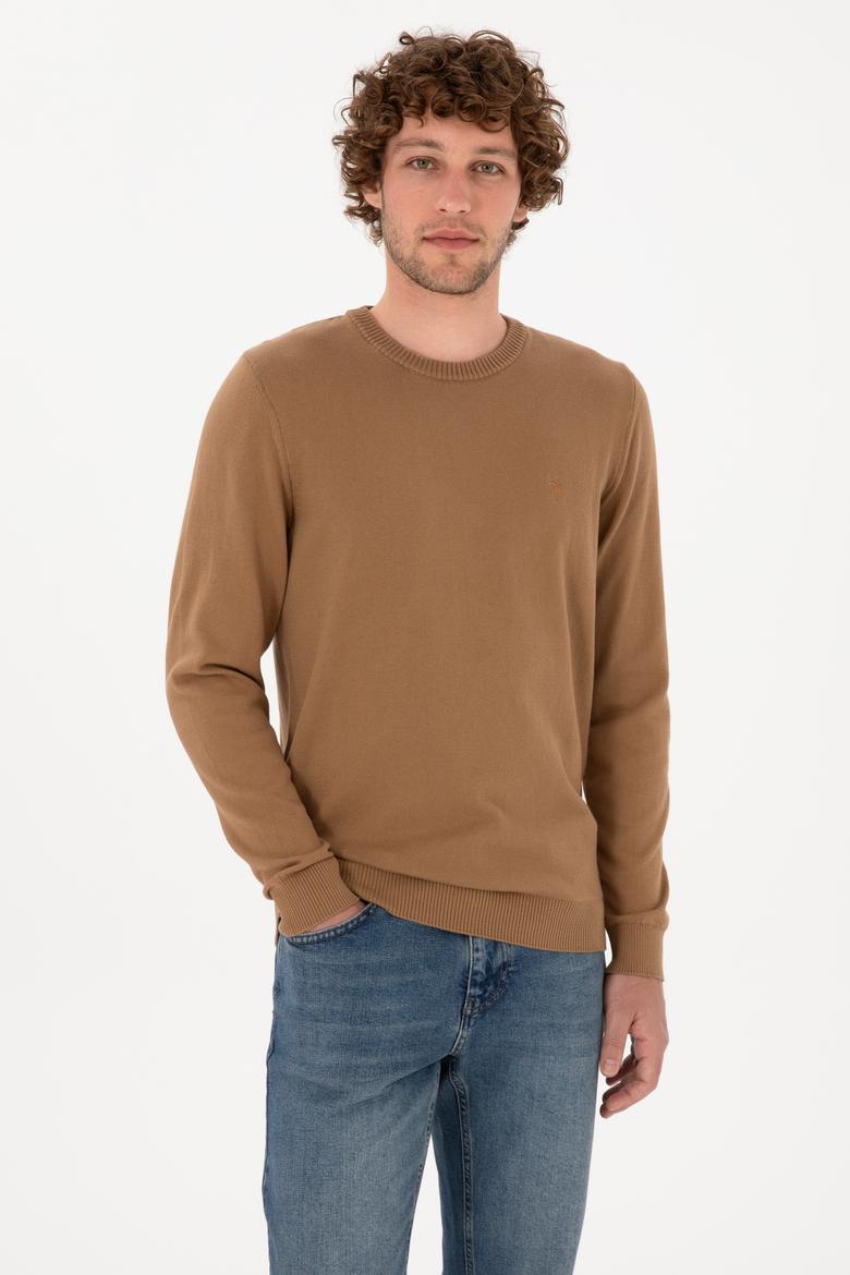 Erkek Slim Fit Bisiklet Yaka Camel Basic Kazak