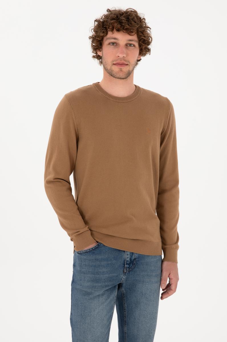 Erkek Slim Fit Bisiklet Yaka Camel Basic Kazak