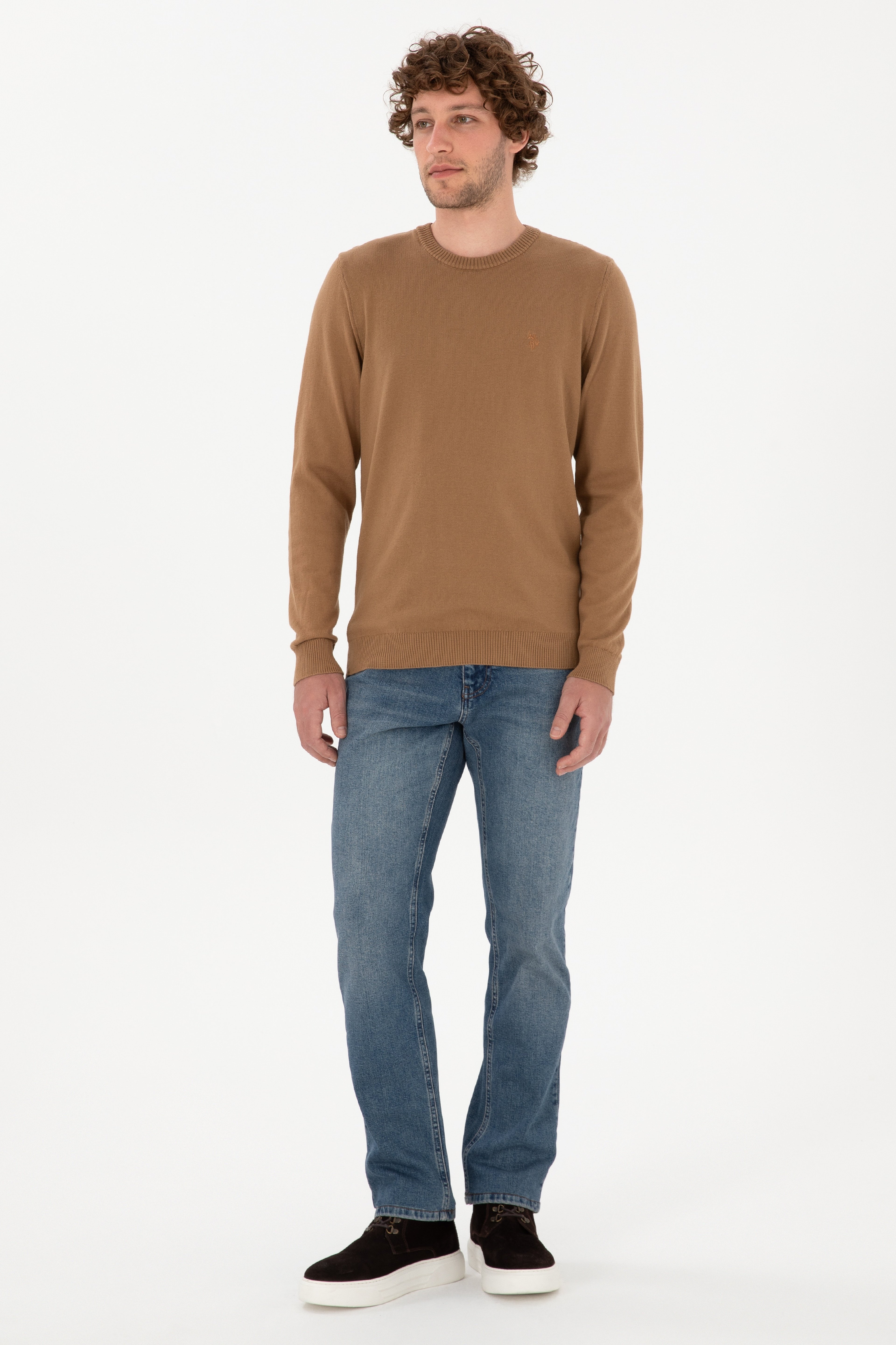 Erkek Slim Fit Bisiklet Yaka Camel Basic Kazak