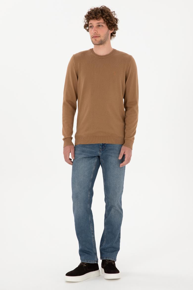 Erkek Slim Fit Bisiklet Yaka Camel Basic Kazak - 50313713186