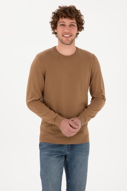 Erkek Slim Fit Bisiklet Yaka Camel Basic Kazak