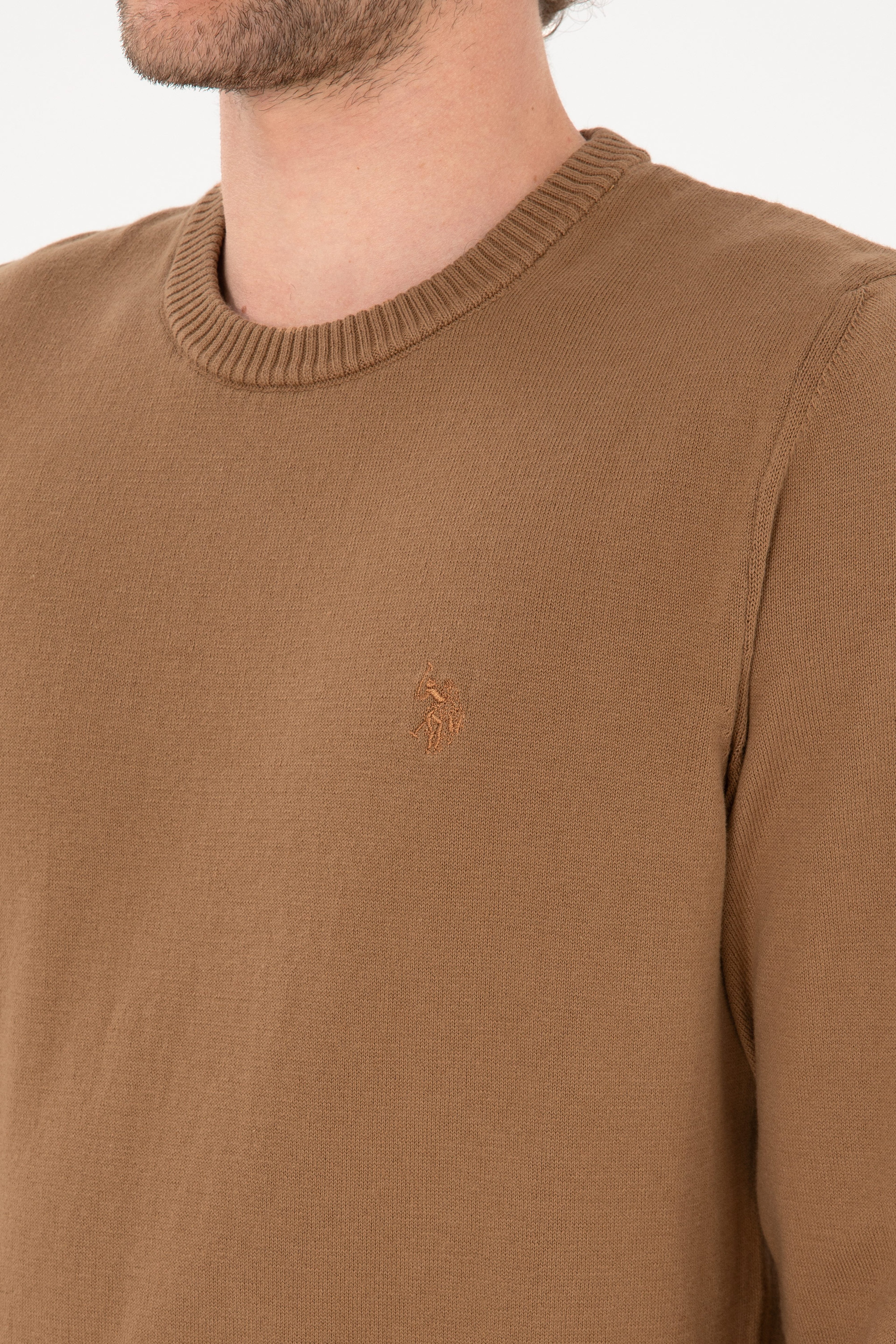 Erkek Slim Fit Bisiklet Yaka Camel Basic Kazak