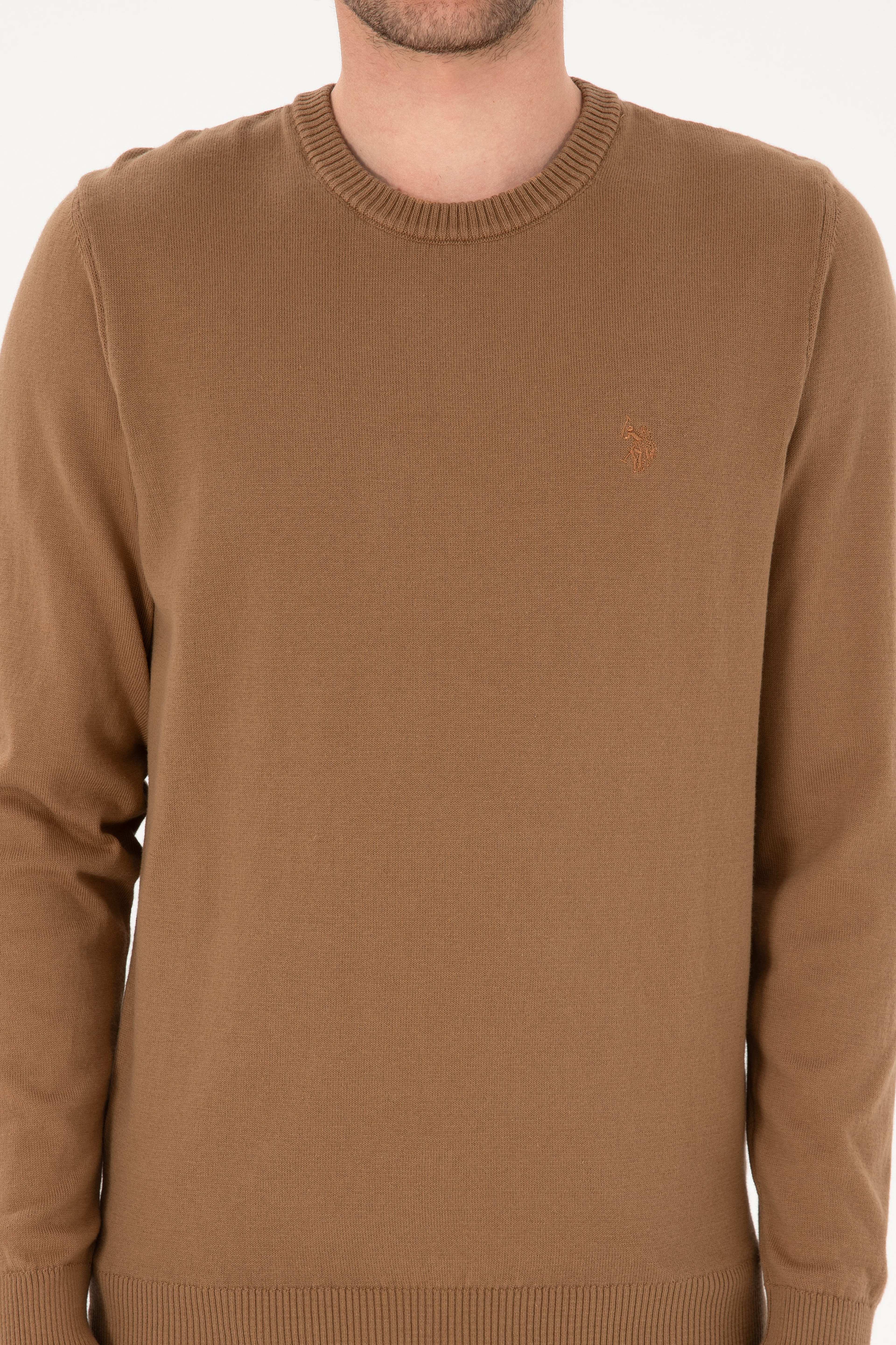 Erkek Slim Fit Bisiklet Yaka Camel Basic Kazak - Image 6