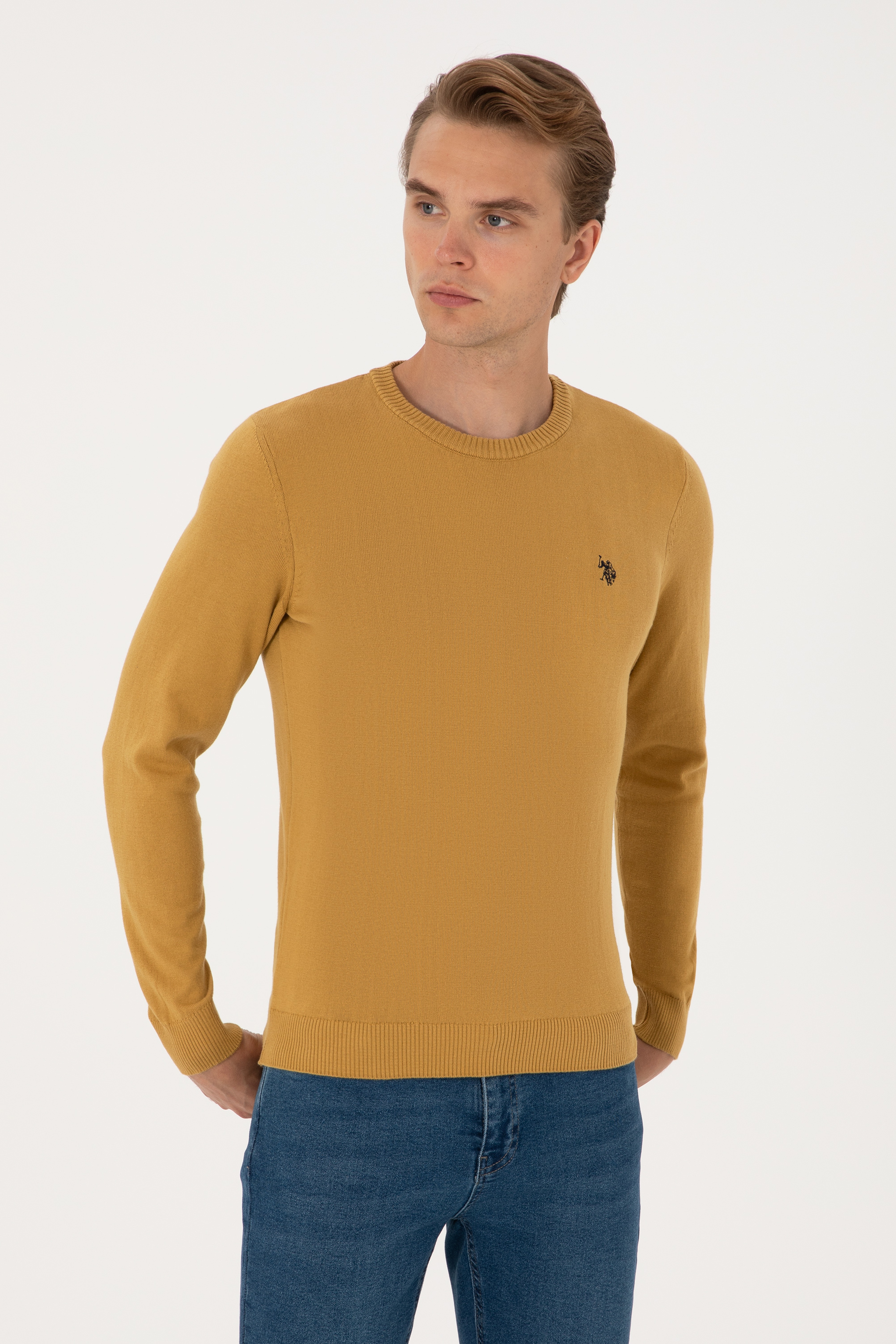 Erkek Slim Fit Bisiklet Yaka Hardal Basic Kazak
