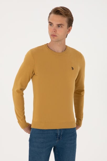 Erkek Slim Fit Bisiklet Yaka Hardal Basic Kazak