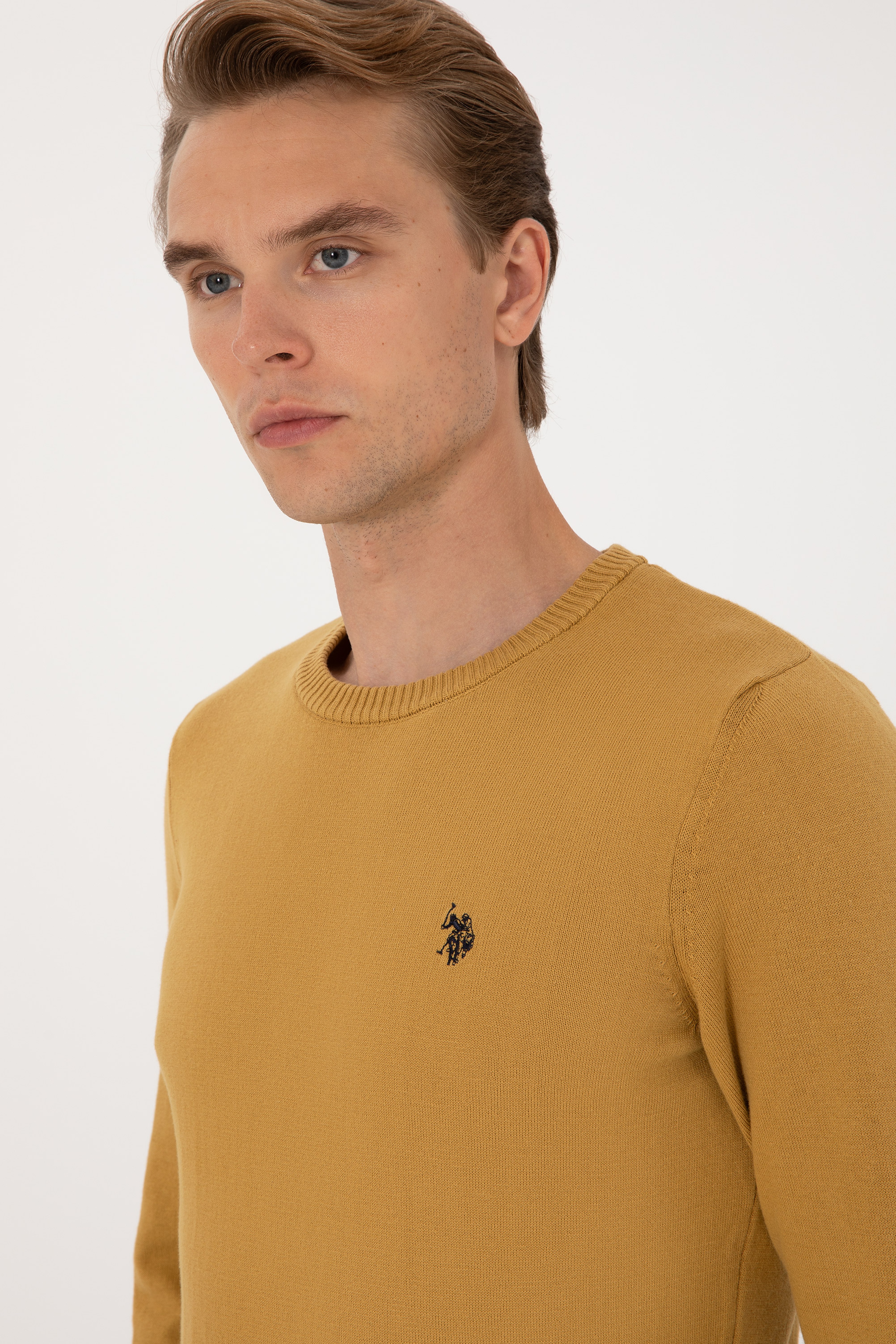 Erkek Slim Fit Bisiklet Yaka Hardal Basic Kazak
