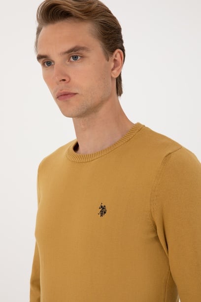 Erkek Slim Fit Bisiklet Yaka Hardal Basic Kazak