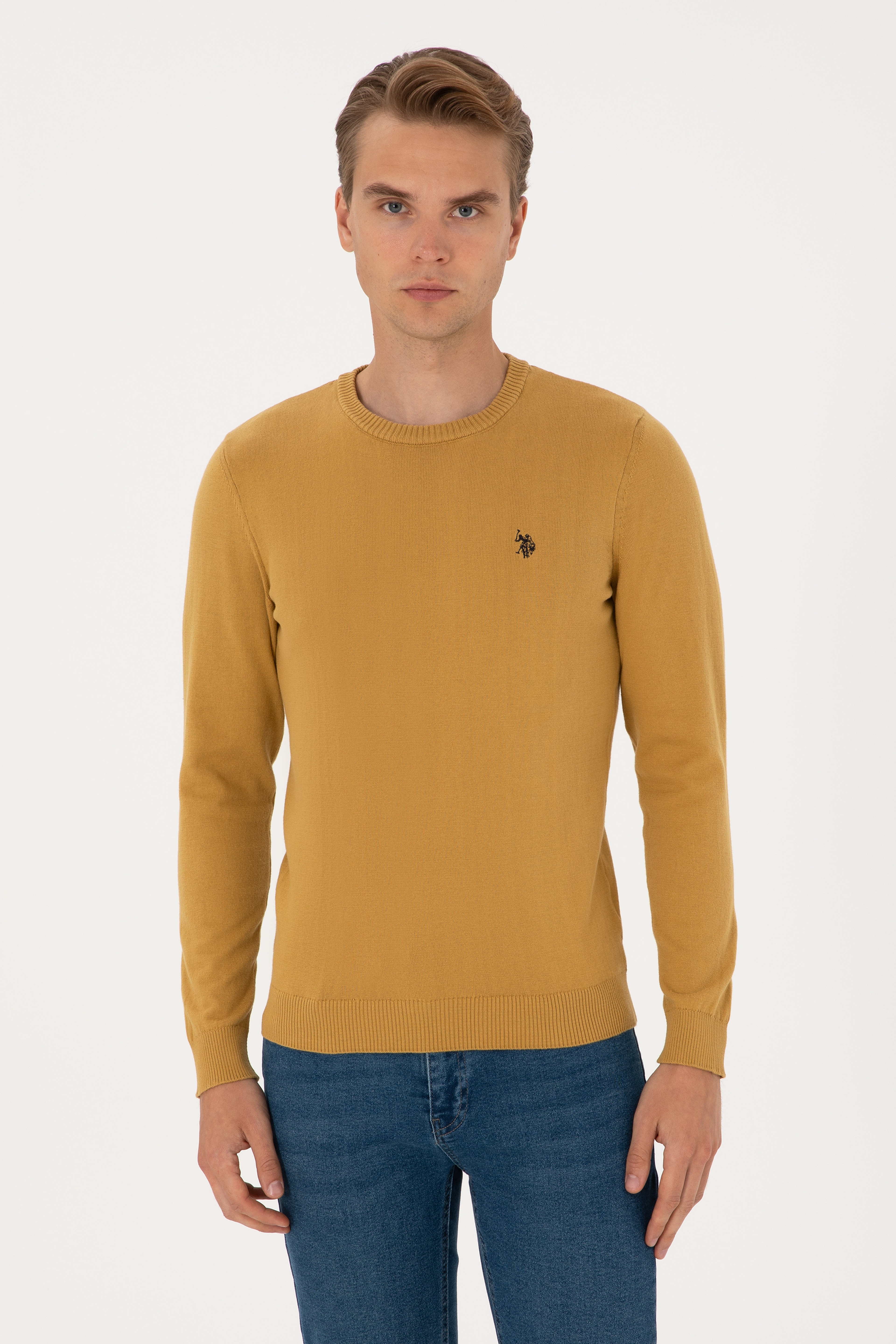 Erkek Slim Fit Bisiklet Yaka Hardal Basic Kazak - Image 1