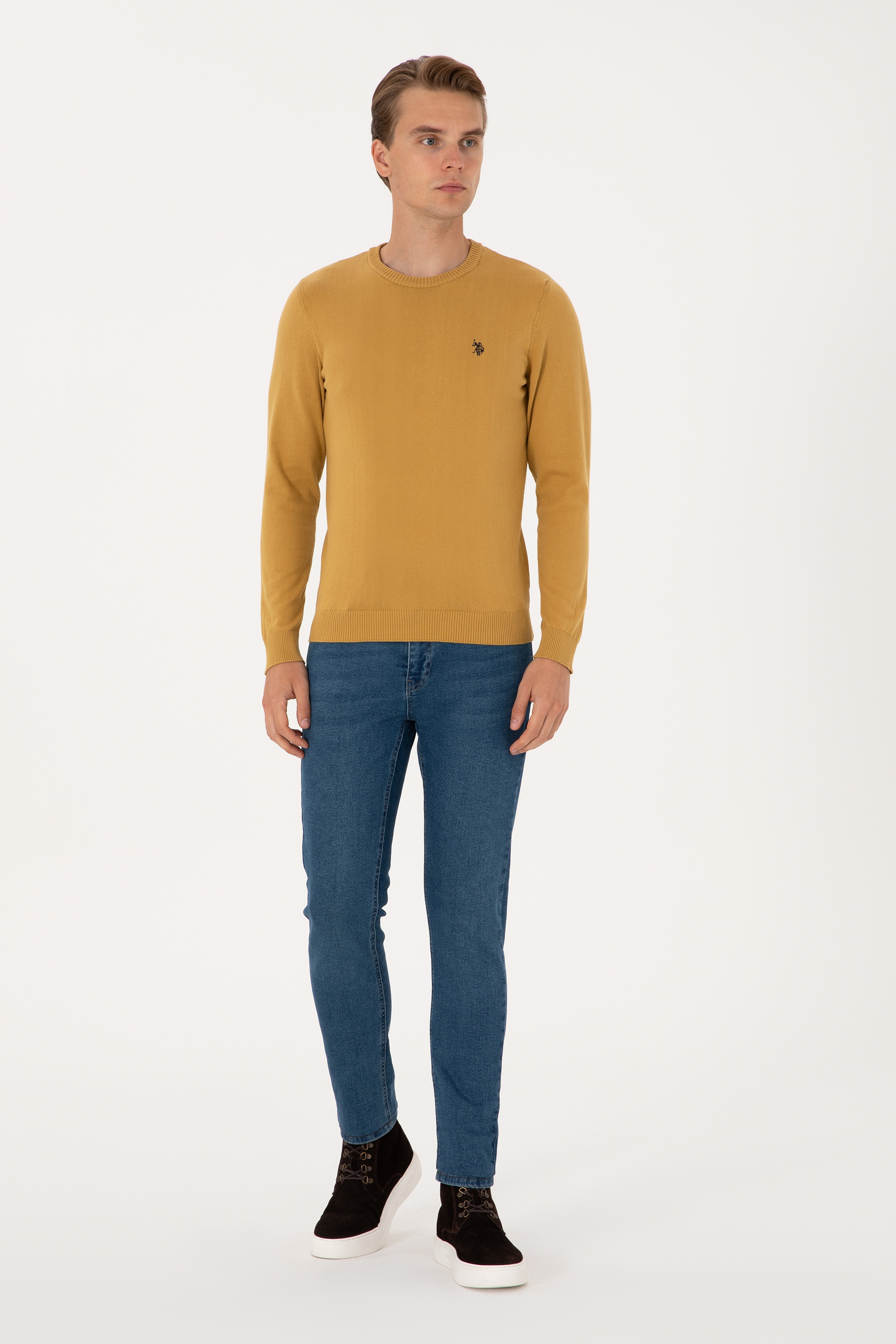 Erkek Slim Fit Bisiklet Yaka Hardal Basic Kazak - Image 4