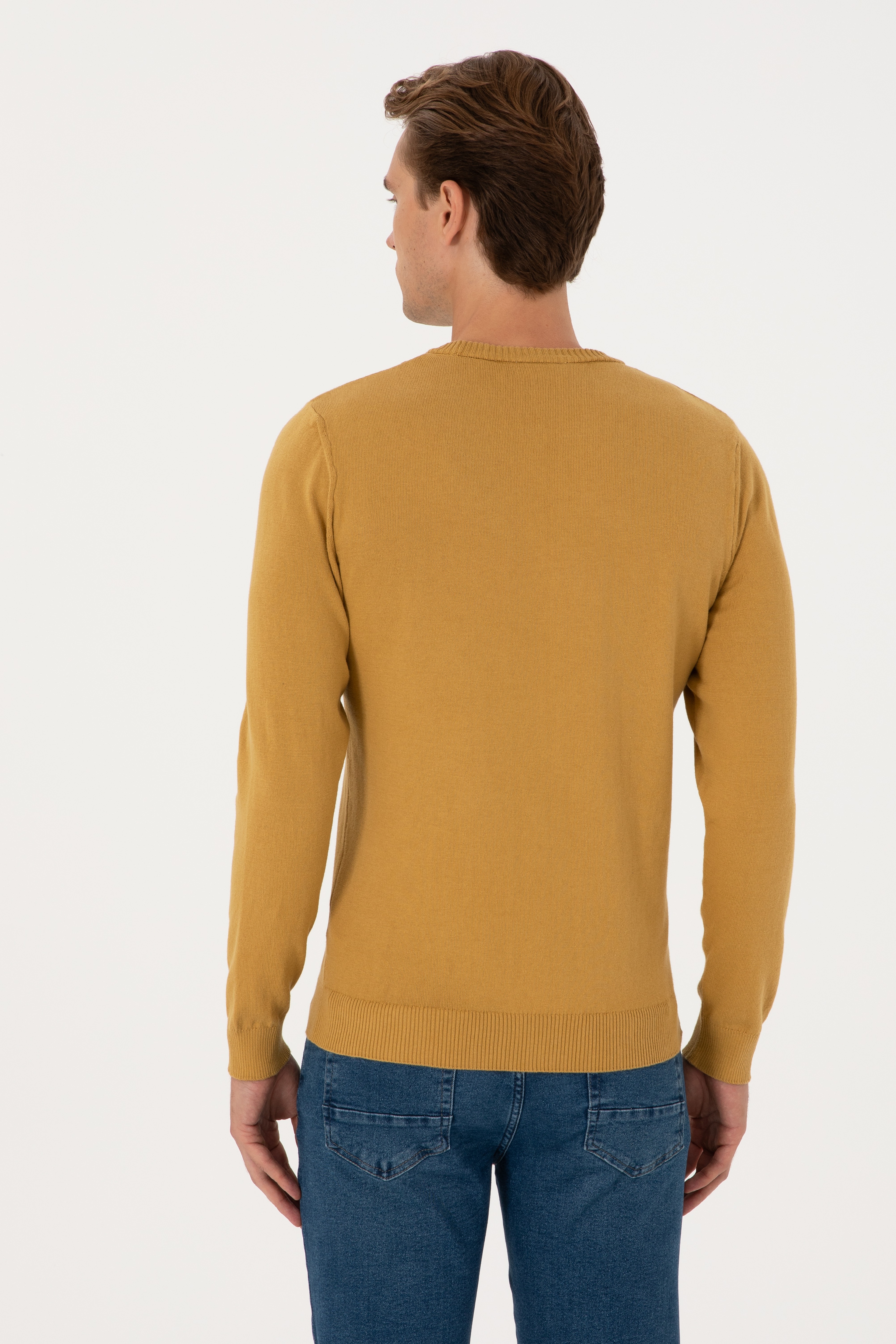 Erkek Slim Fit Bisiklet Yaka Hardal Basic Kazak