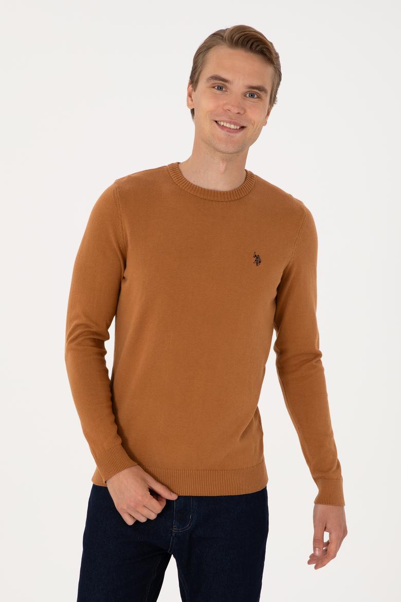 Erkek Slim Fit Bisiklet Yaka Camel Basic Kazak