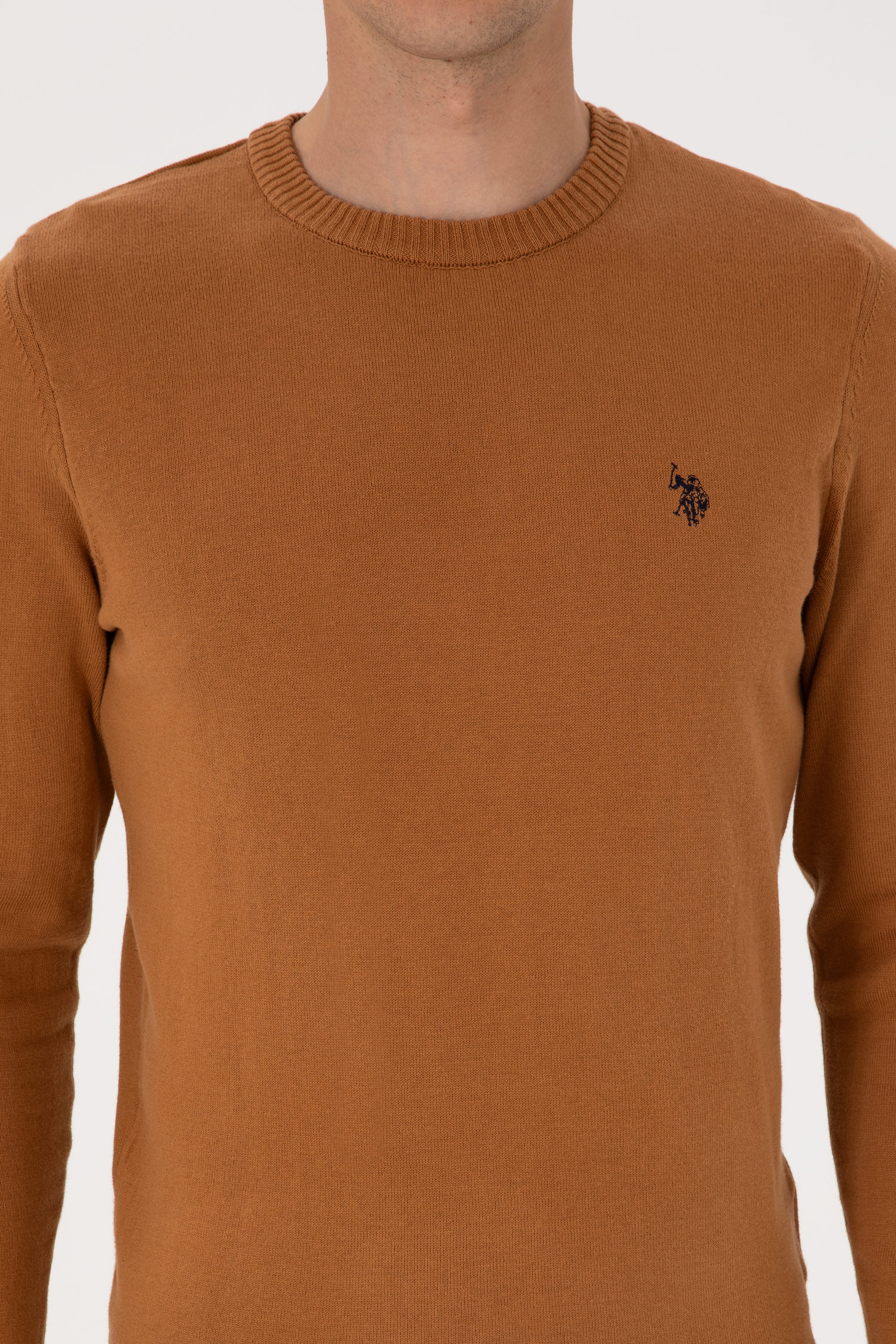 Erkek Slim Fit Bisiklet Yaka Camel Basic Kazak