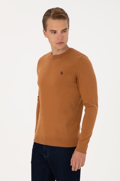 Erkek Slim Fit Bisiklet Yaka Camel Basic Kazak