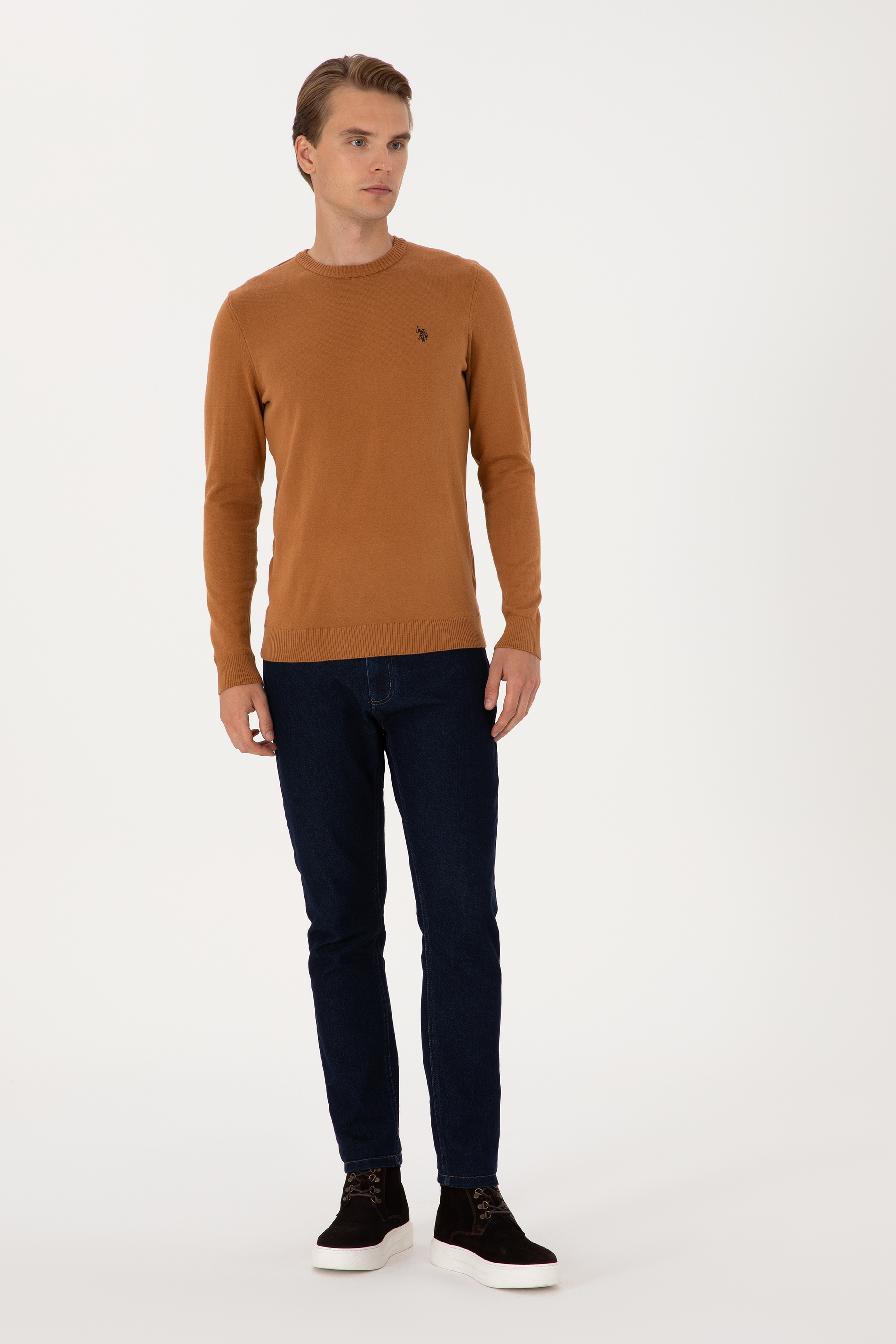 Erkek Slim Fit Bisiklet Yaka Camel Basic Kazak - Image 4