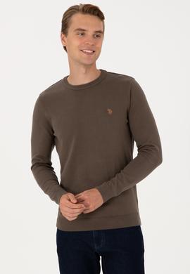 Erkek Slim Fit Bisiklet Yaka Vizon Basic Kazak - 50313713194