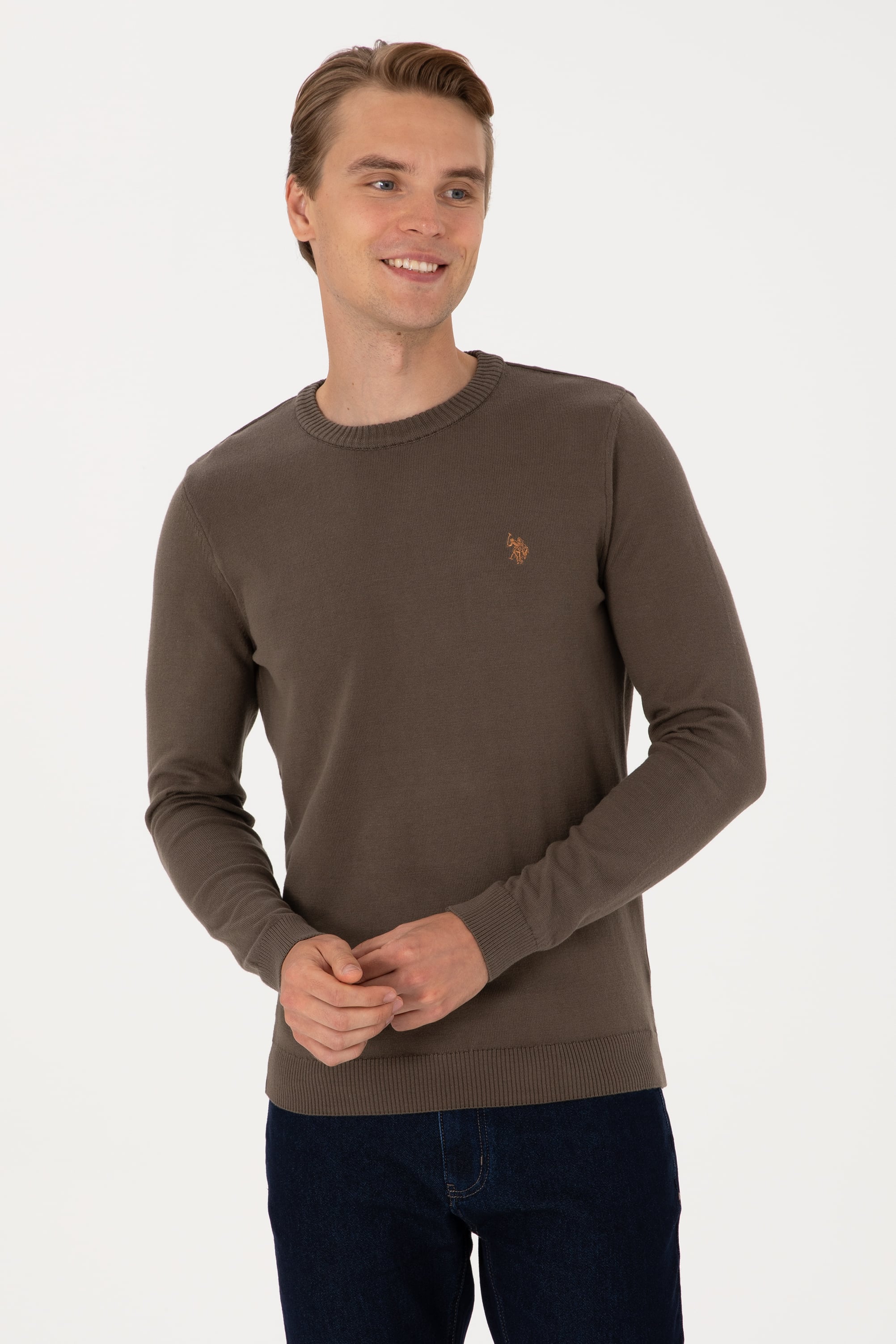 Erkek Slim Fit Bisiklet Yaka Vizon Basic Kazak