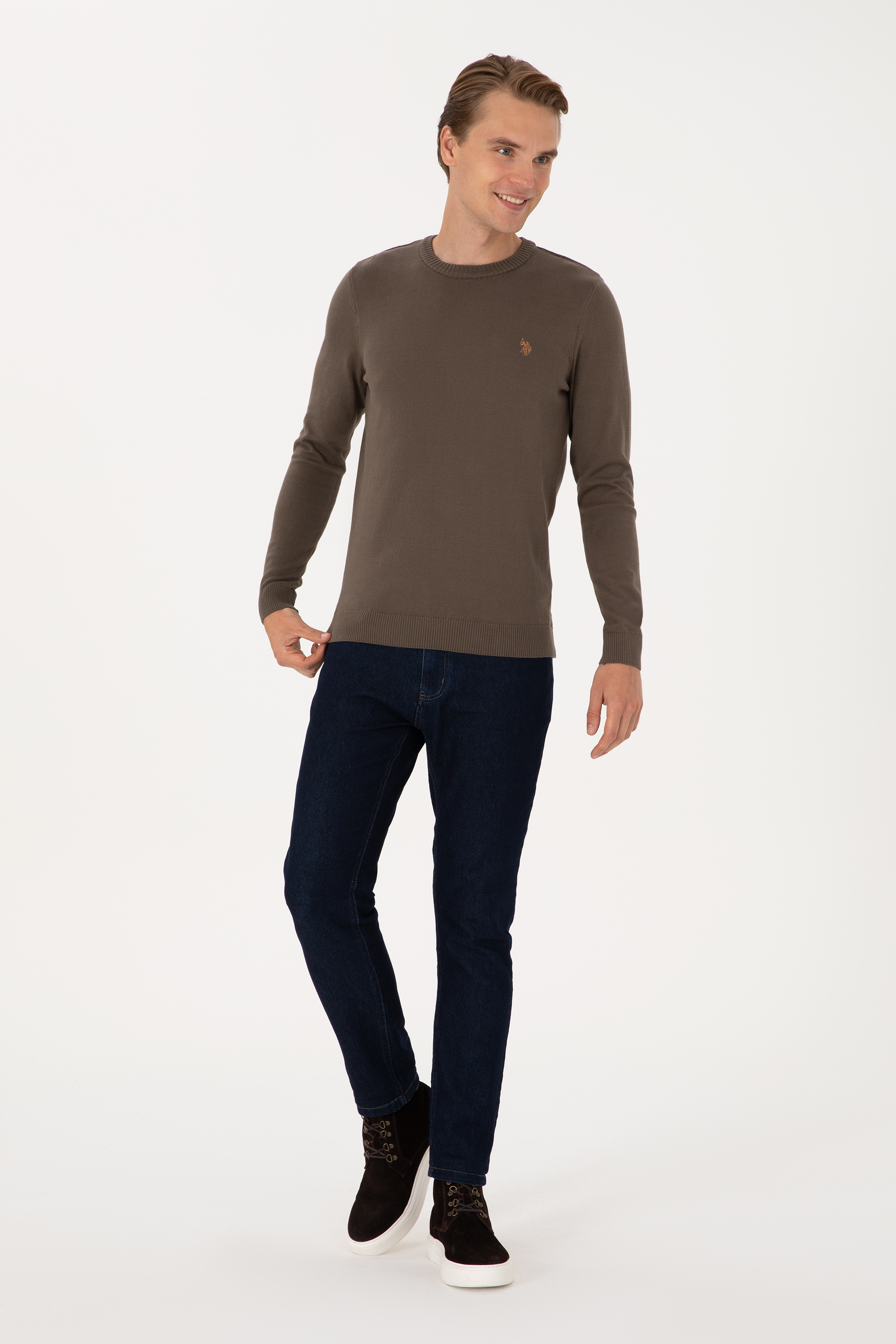 Erkek Slim Fit Bisiklet Yaka Vizon Basic Kazak