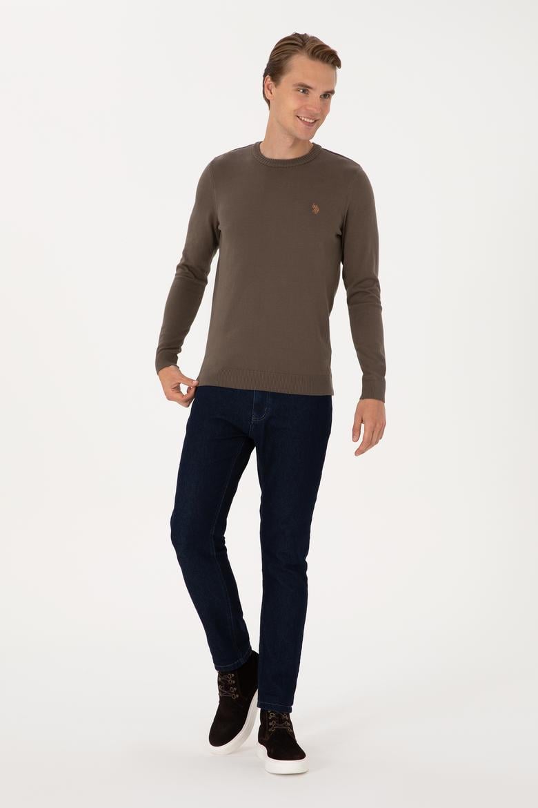 Erkek Slim Fit Bisiklet Yaka Vizon Basic Kazak - 50313713194