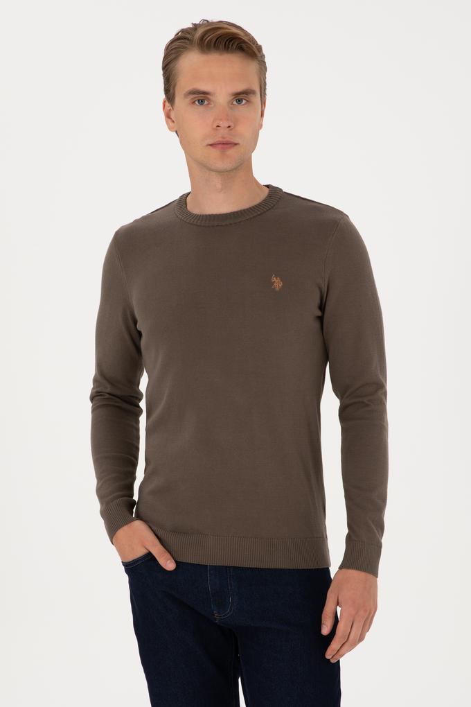 Erkek Slim Fit Bisiklet Yaka Vizon Basic Kazak