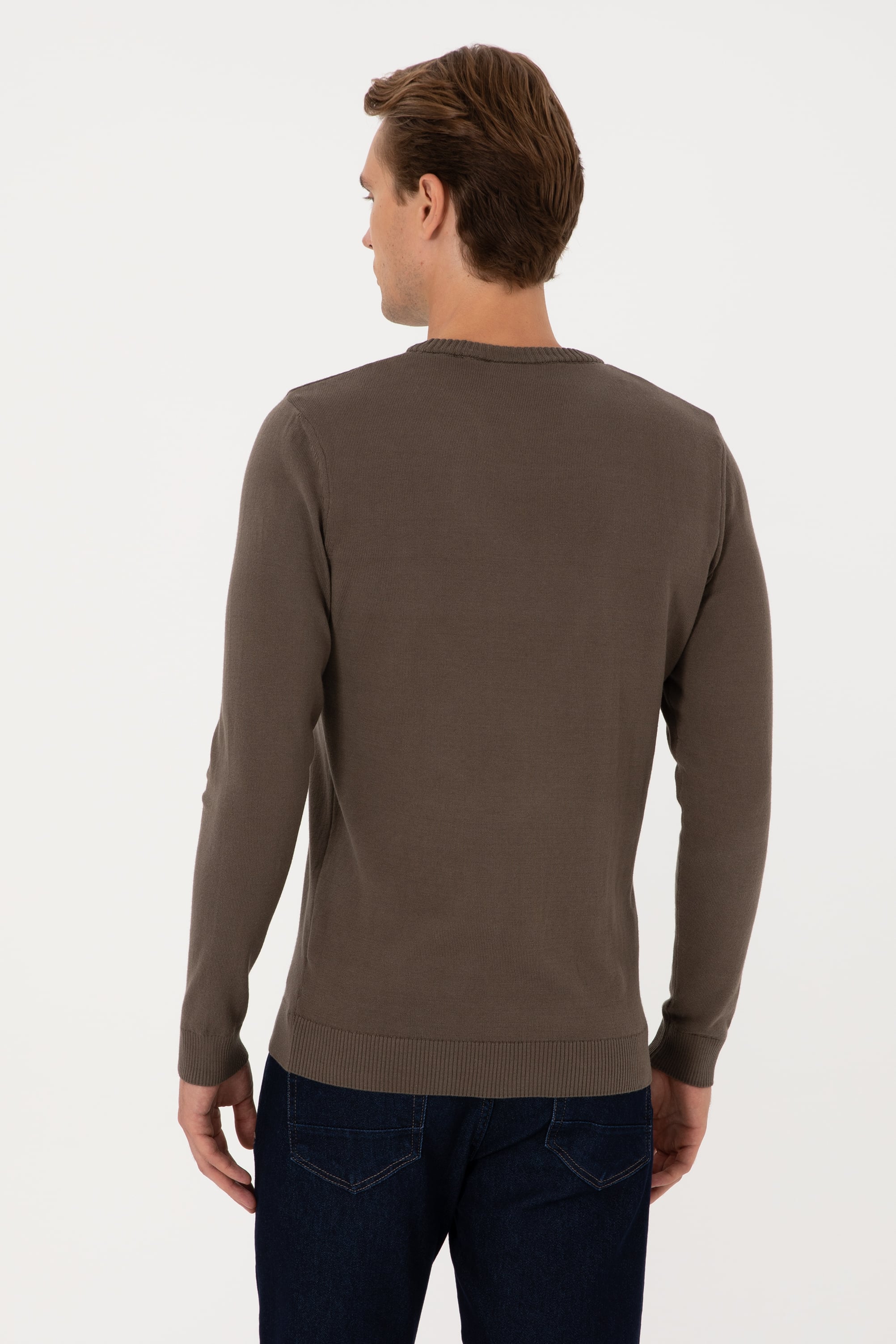 Erkek Slim Fit Bisiklet Yaka Vizon Basic Kazak