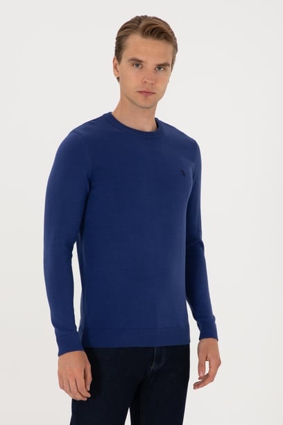 Erkek Slim Fit Bisiklet Yaka İndigo Basic Kazak