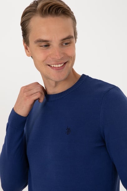 Erkek Slim Fit Bisiklet Yaka İndigo Basic Kazak
