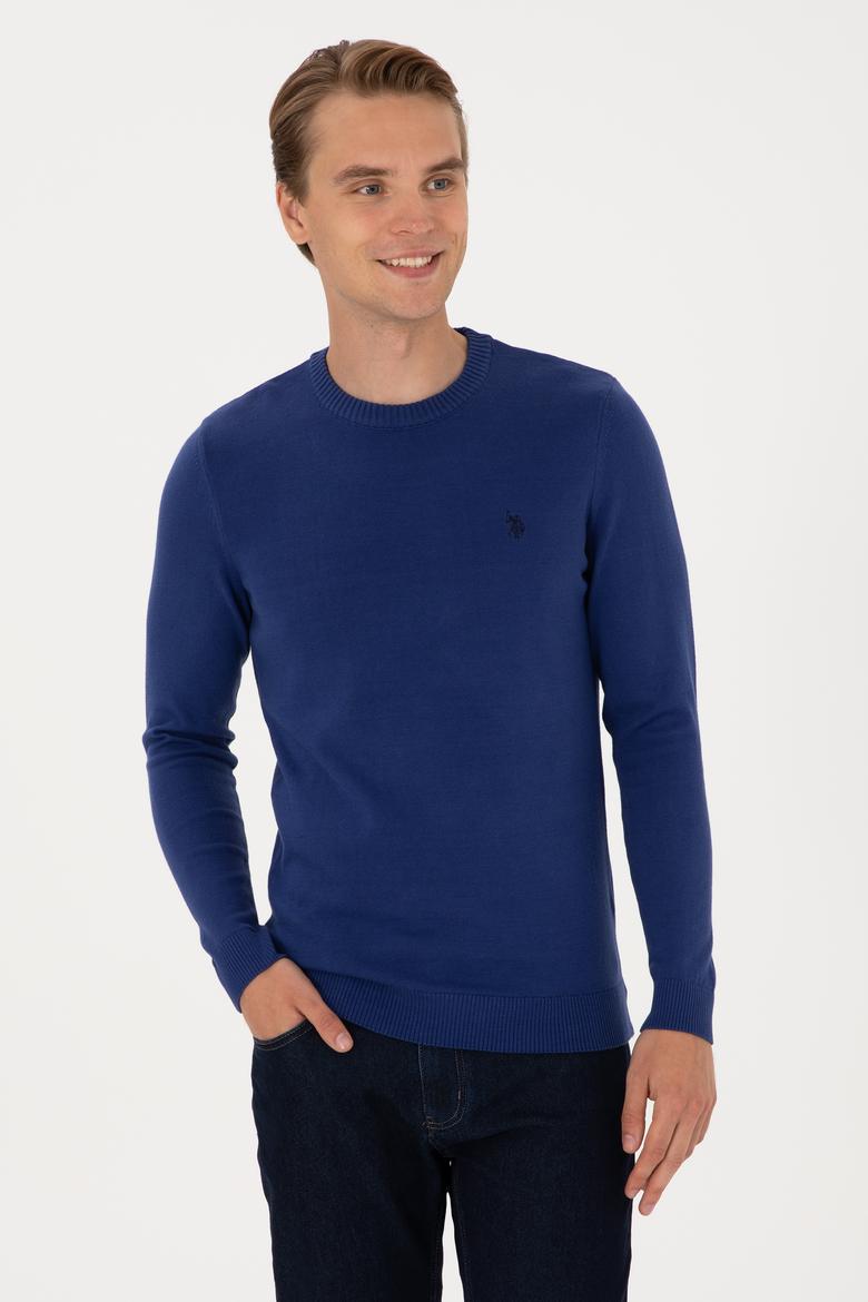 Erkek Slim Fit Bisiklet Yaka İndigo Basic Kazak