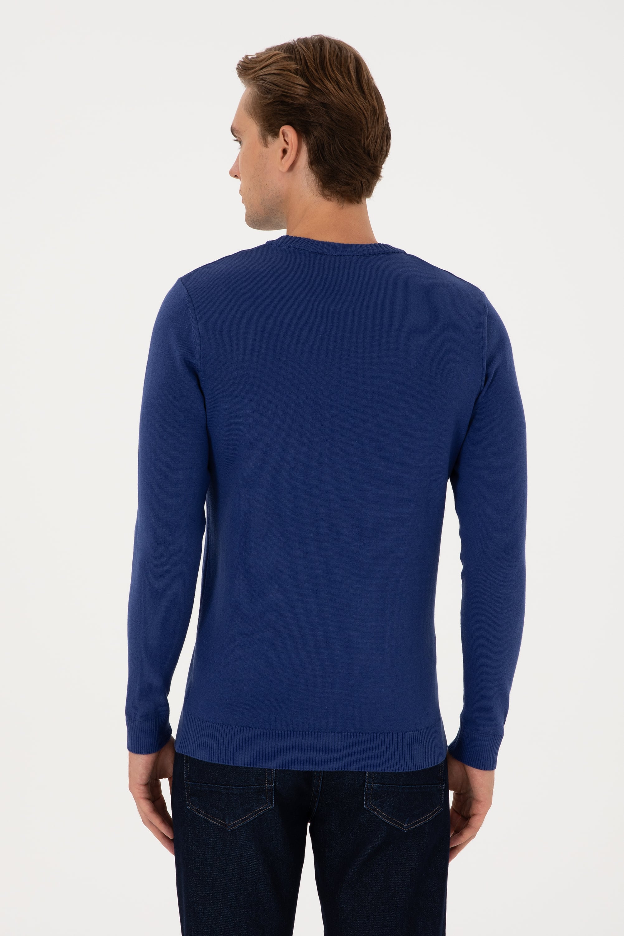 Erkek Slim Fit Bisiklet Yaka İndigo Basic Kazak