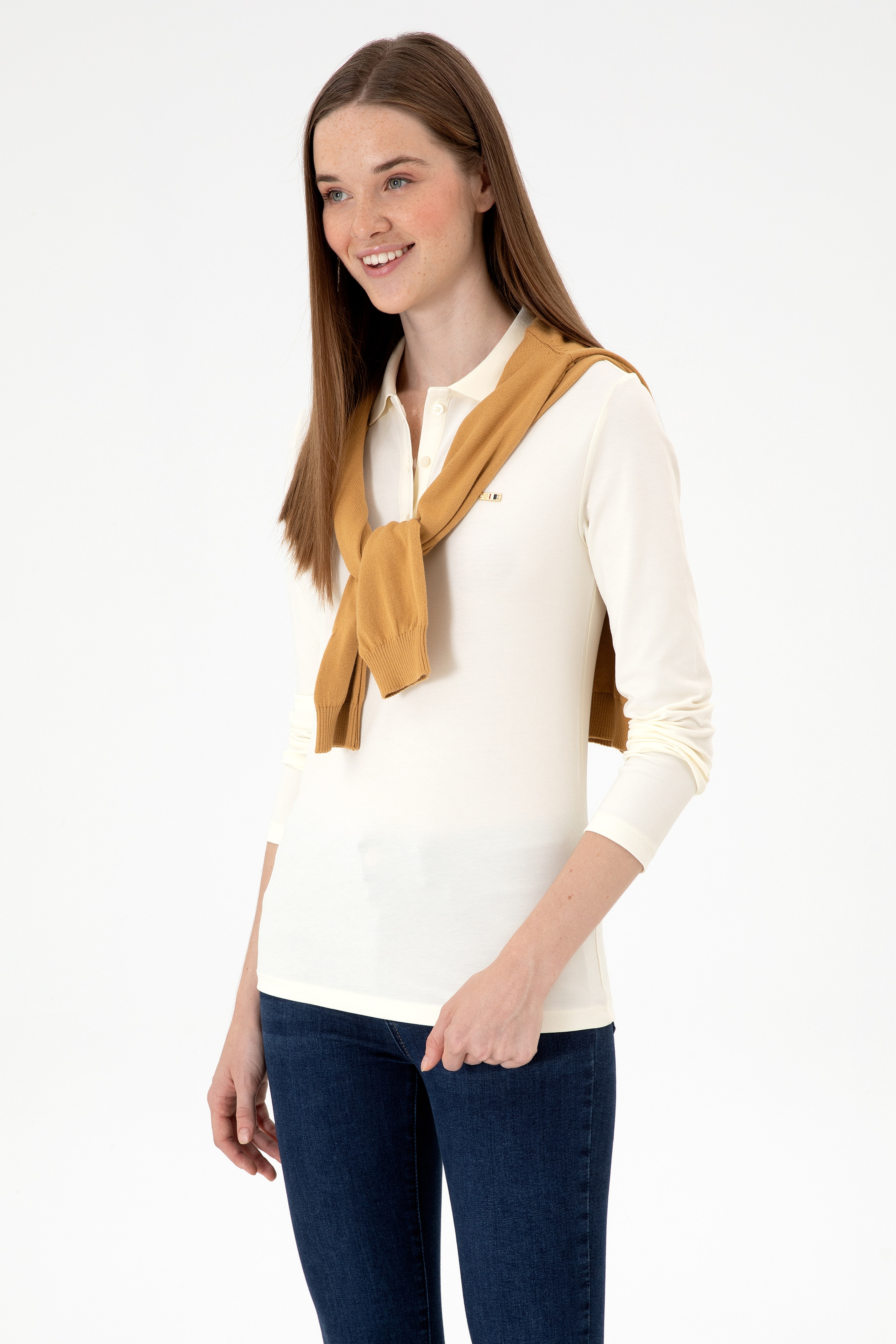 Kadın Krem Basic Polo Yaka Sweatshırt - Image 3