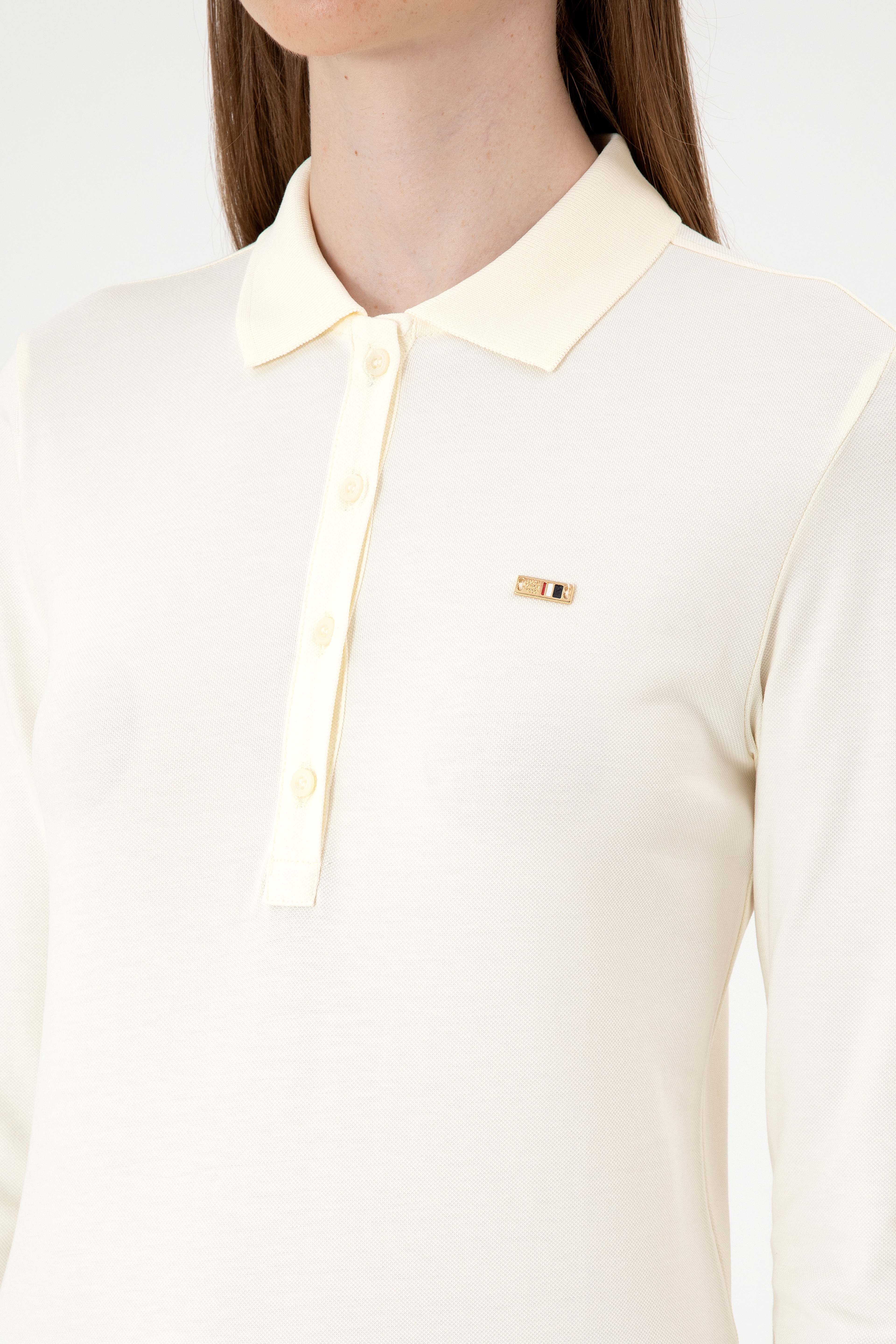 Kadın Krem Basic Polo Yaka Sweatshırt