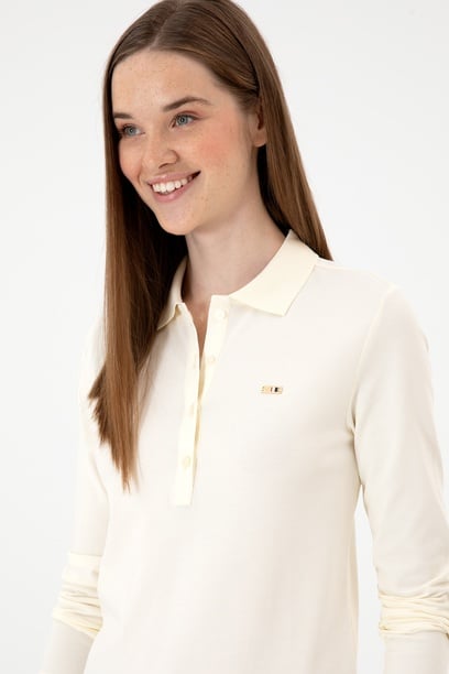 Kadın Krem Basic Polo Yaka Sweatshırt