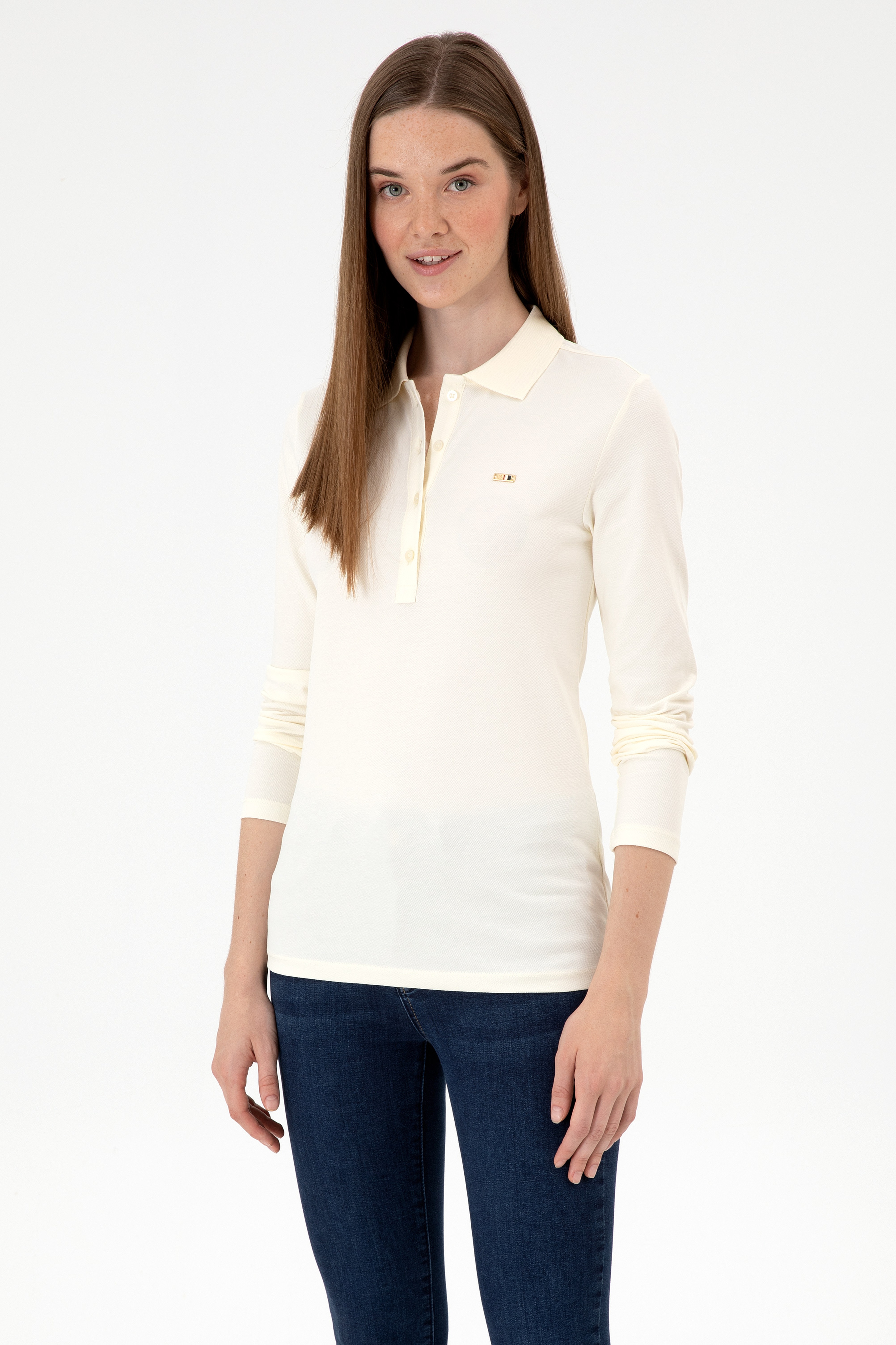 Kadın Krem Basic Polo Yaka Sweatshırt - Image 1