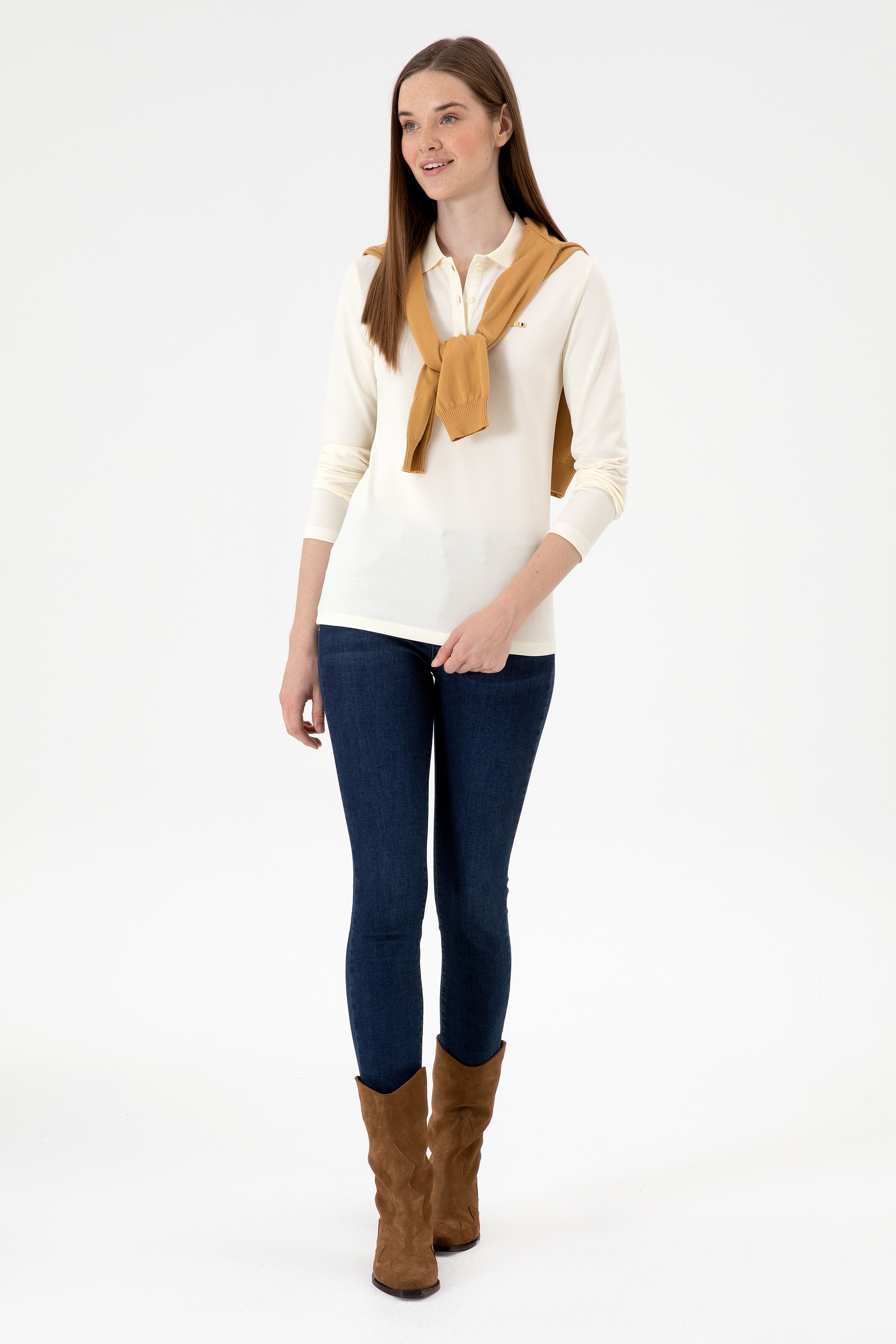 Kadın Krem Basic Polo Yaka Sweatshırt - Image 4