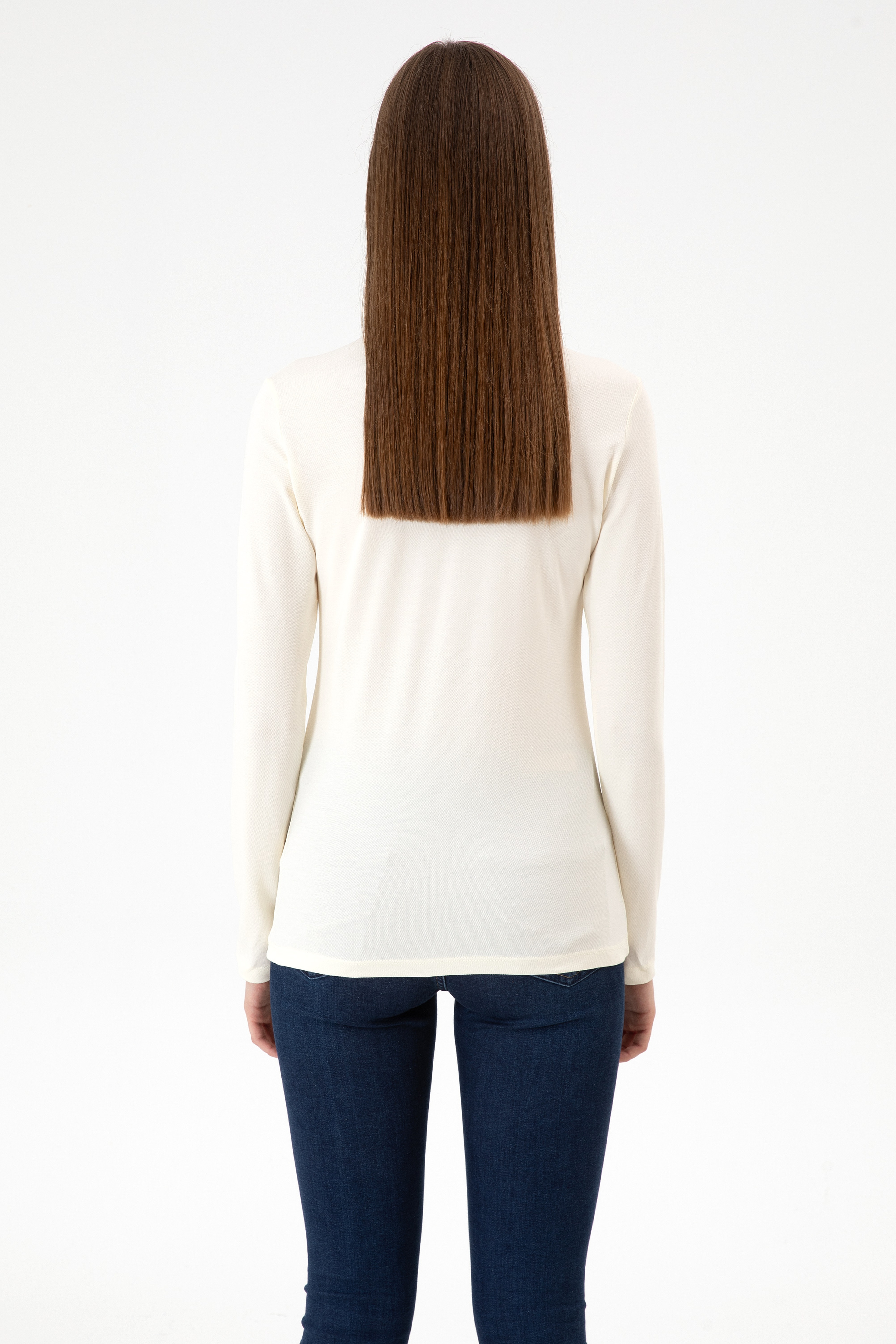 Kadın Krem Basic Polo Yaka Sweatshırt - Image 5