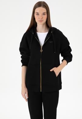 Kadın Siyah Şardonlu Kapüşonlu Sweatshırt - 50314130012