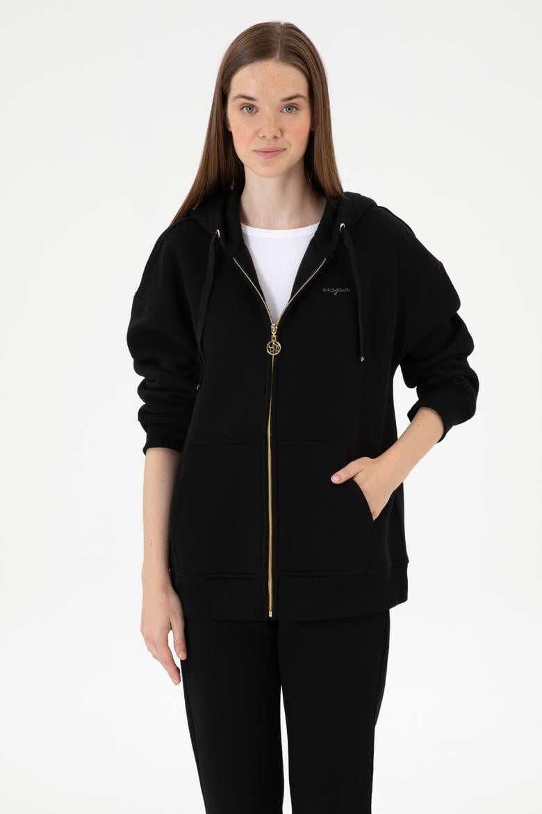 Kadın Siyah Şardonlu Kapüşonlu Sweatshırt - 50314130012