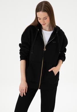 Kadın Siyah Şardonlu Kapüşonlu Sweatshırt - 50314130012