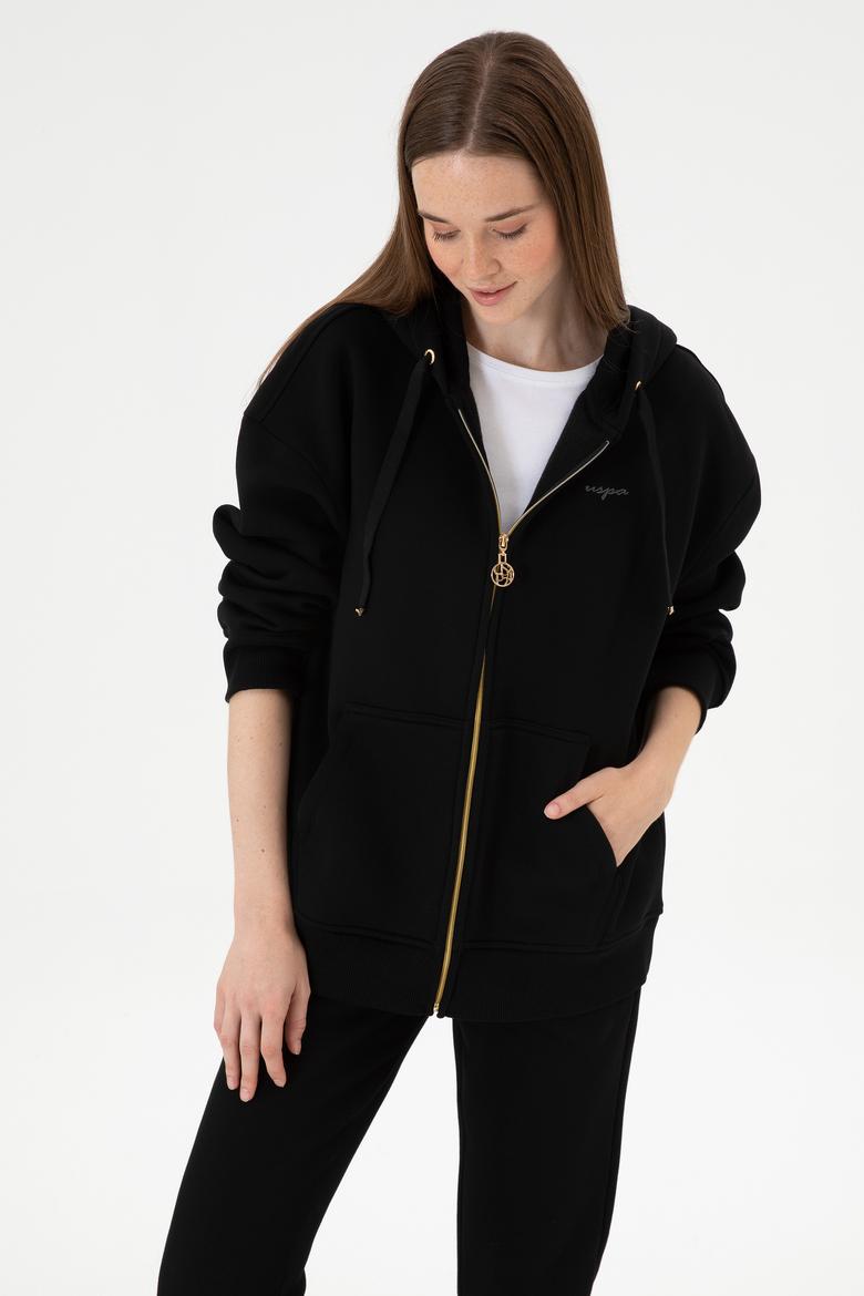 Kadın Siyah Şardonlu Kapüşonlu Sweatshırt - 50314130012