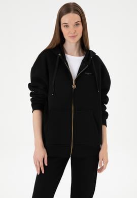 Kadın Siyah Şardonlu Kapüşonlu Sweatshırt - 50314130012