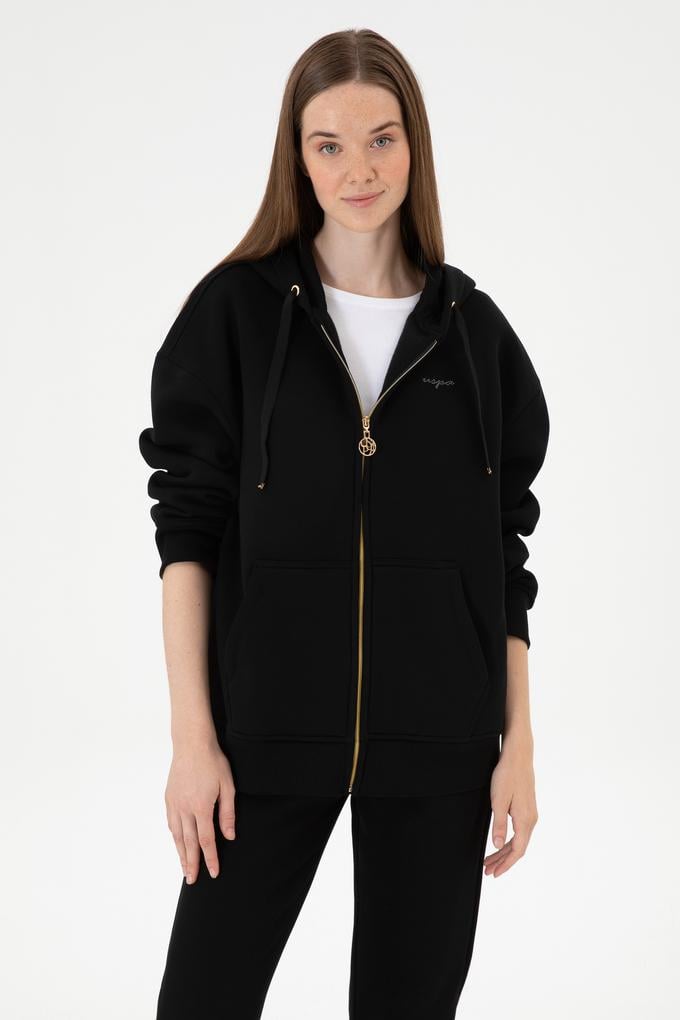 Kadın Siyah Şardonlu Kapüşonlu Sweatshırt