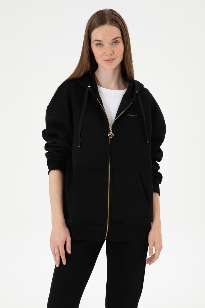 Kadın Siyah Şardonlu Kapüşonlu Sweatshırt