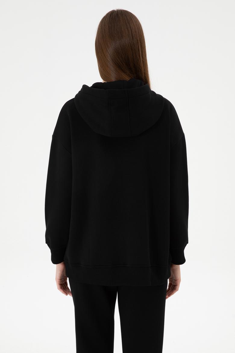 Kadın Siyah Şardonlu Kapüşonlu Sweatshırt - 50314130012