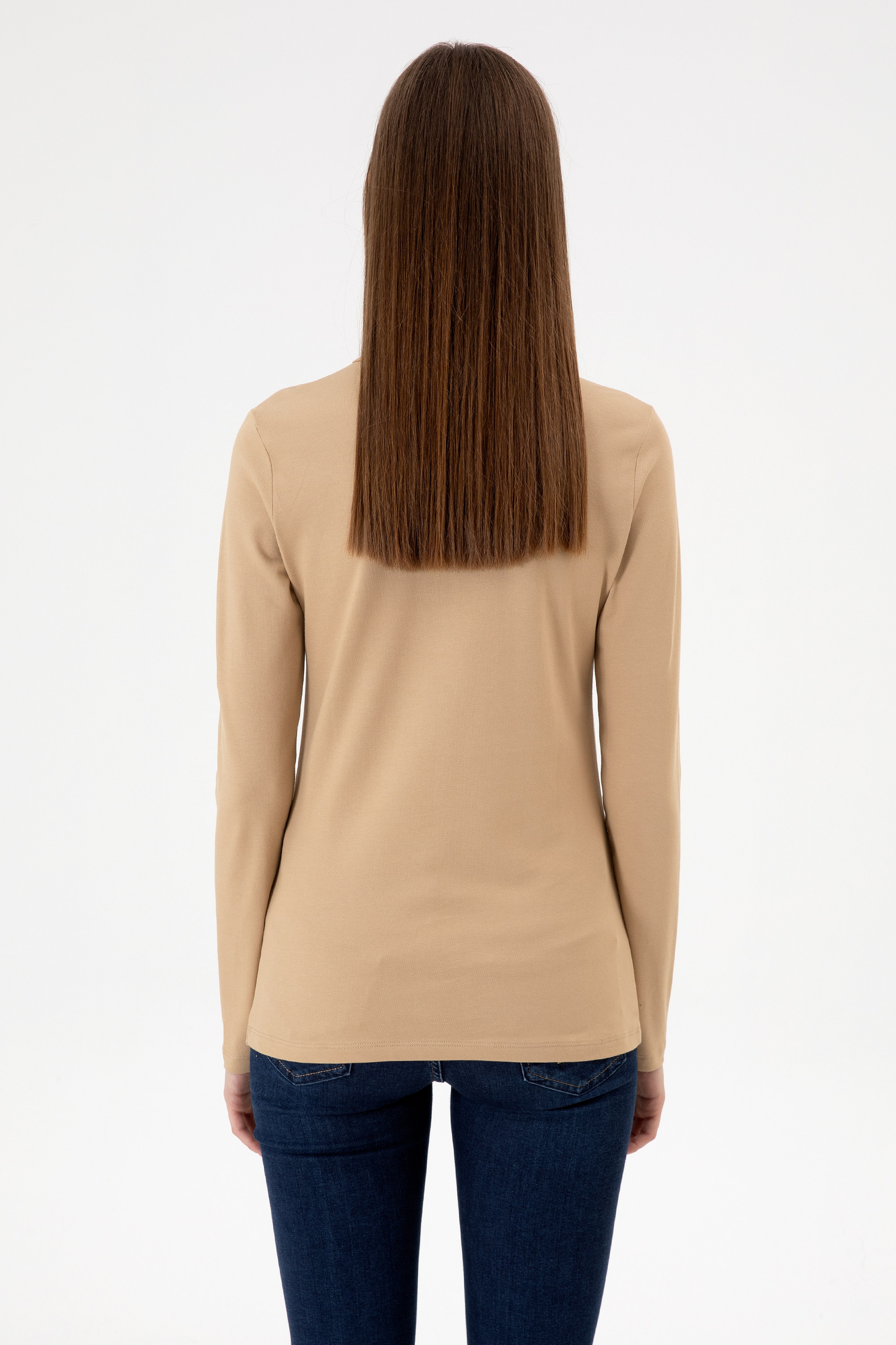 Kadın Kum Basic Polo Yaka Sweatshırt - Image 5