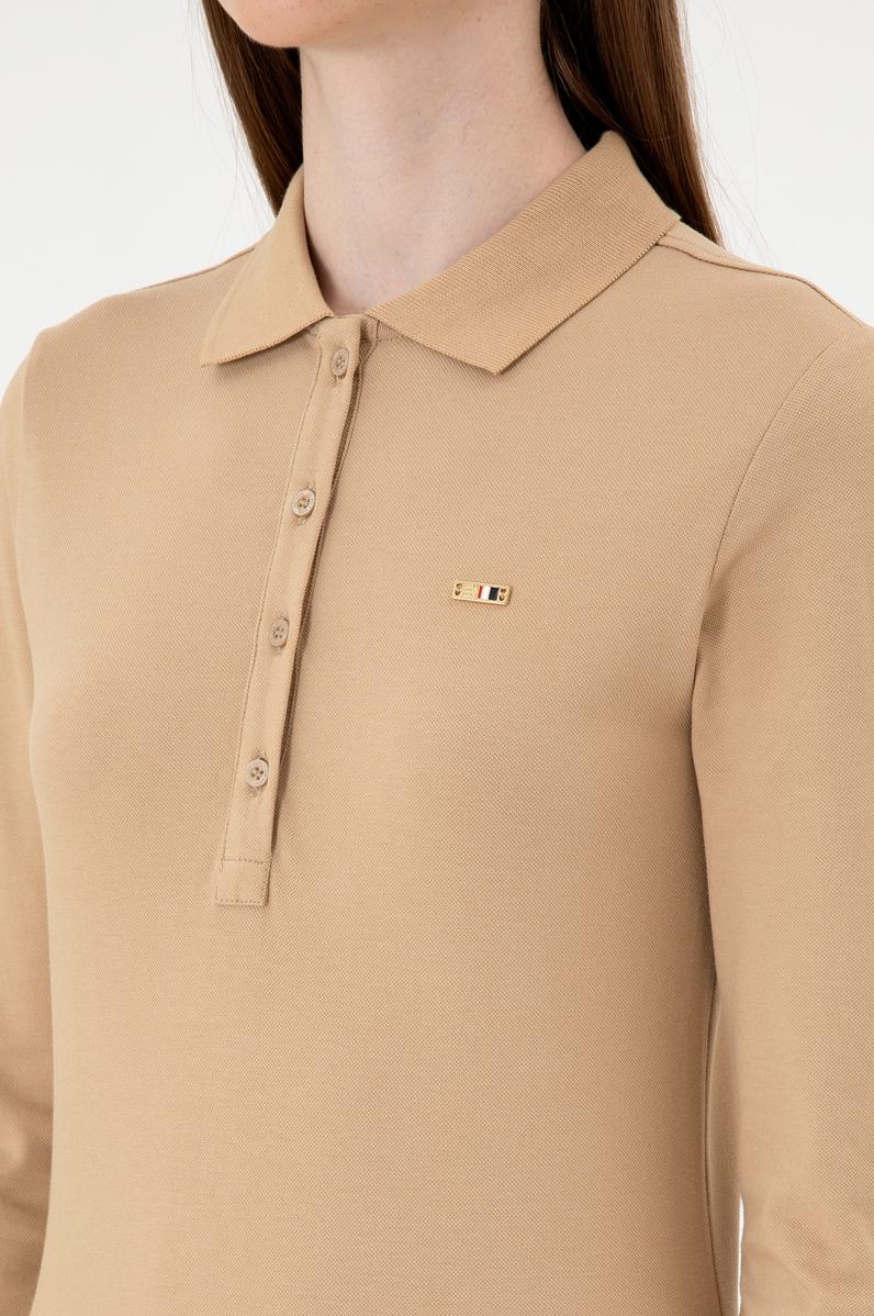 Kadın Kum Basic Polo Yaka Sweatshırt