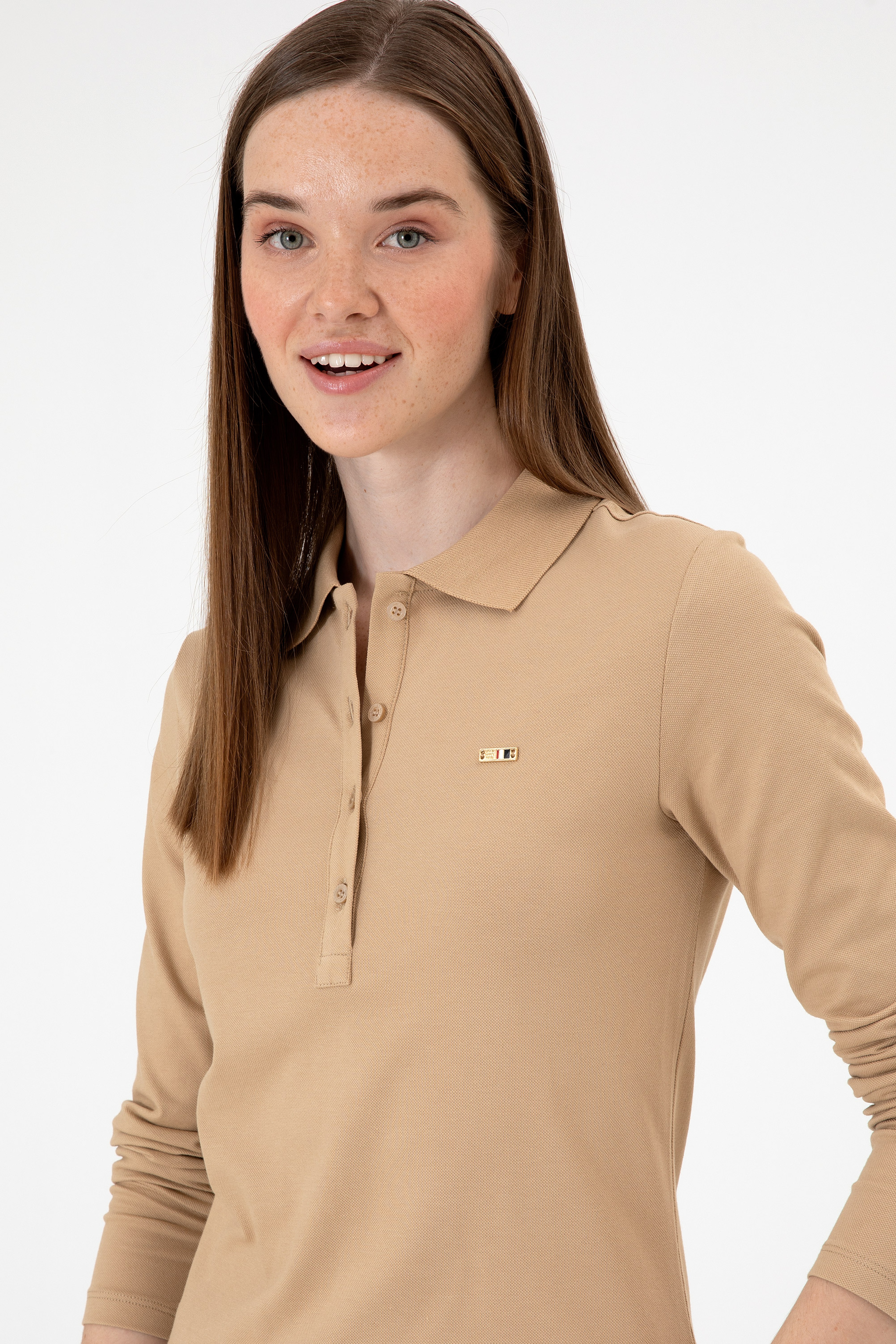 Kadın Kum Basic Polo Yaka Sweatshırt